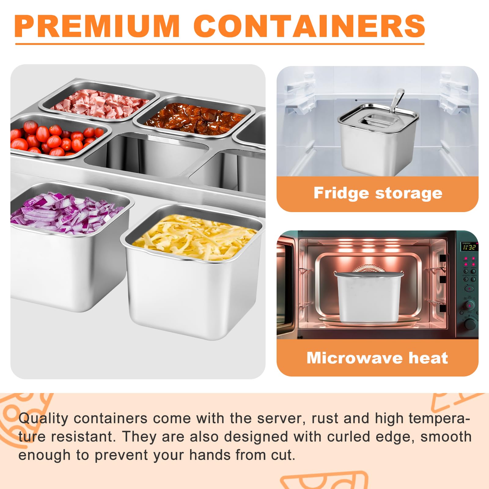 Pizza Topping Station - Contenedores de condimentos de acero inoxidable de 6 x 2 L con tapas y cucharones, 6 bandejas de compartimentos para preparar ingredientes y coberturas, accesorios 3