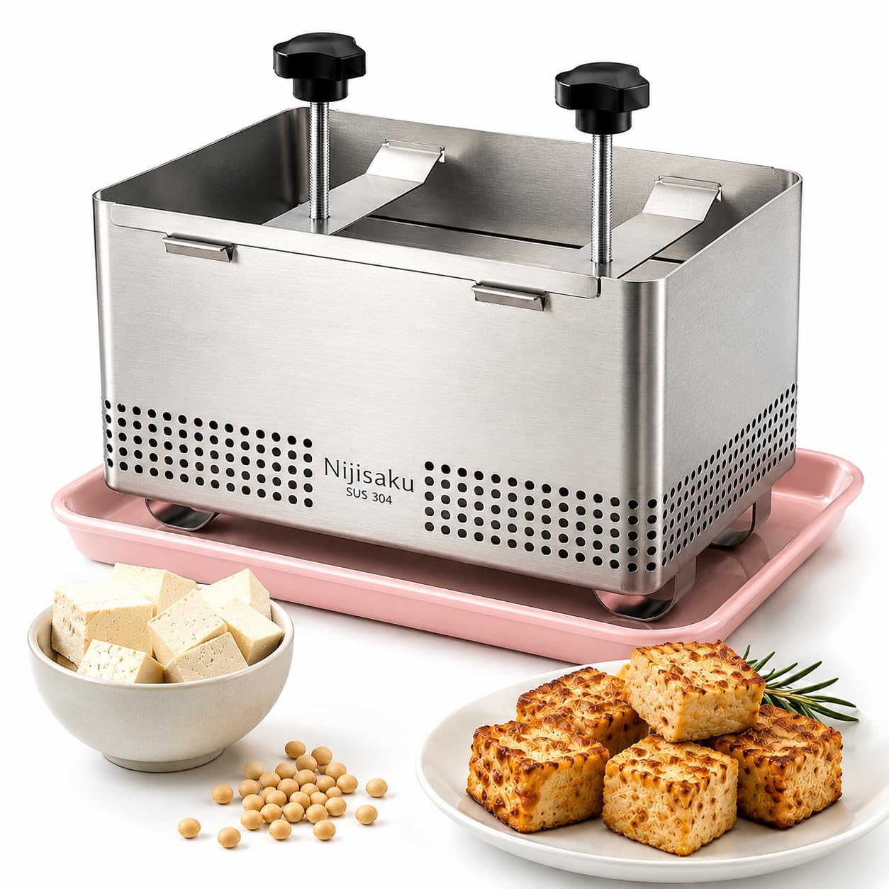 Tofu Presse Edelstahl, Paneer Maker & Käsepresse mit Abtropfschale und Tuch, Verstellbarer Tofu-Maker für extra festen Tofu, hausgemachtes Paneer & veganen Käse, BPA-frei, spülmaschinenfest, XL