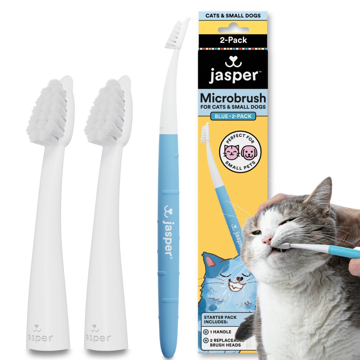 Jasper Microbrush Cepillo de Dientes para Gatos, Kit de Cepillo de Dientes de cerdas Suaves para Gatos, Cachorros y Perros pequeños, Mango Antideslizante 2 Cabezales de Cepillo