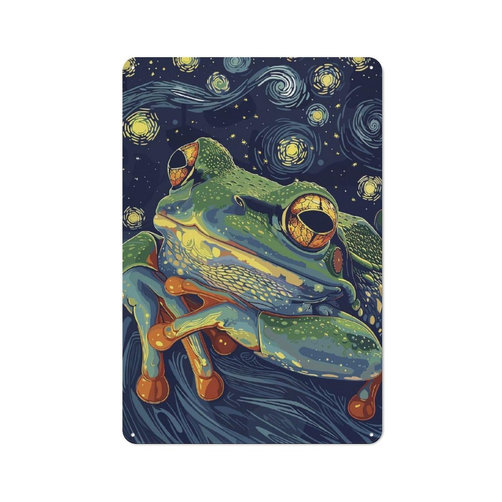 Junmoney Frog In Starry Night Style 30X20cm Rustic Metal Sign With For Hobby Room Or Studio, Metal Sign Decor For Hobby Rooms And Studios