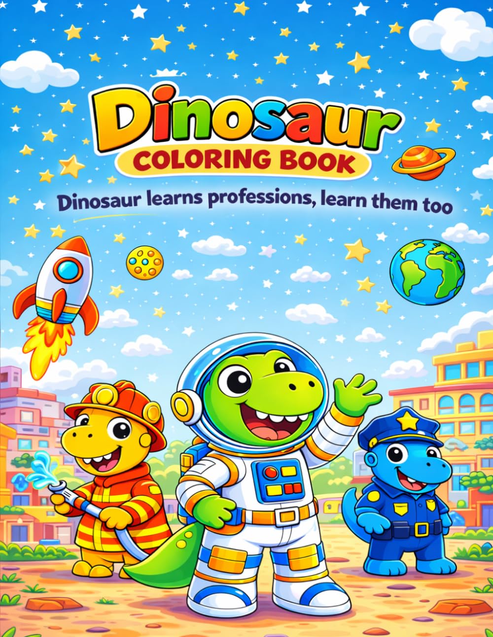 DINOSAUR COLORING BOOK: Dinosaur learns professions, learn them too