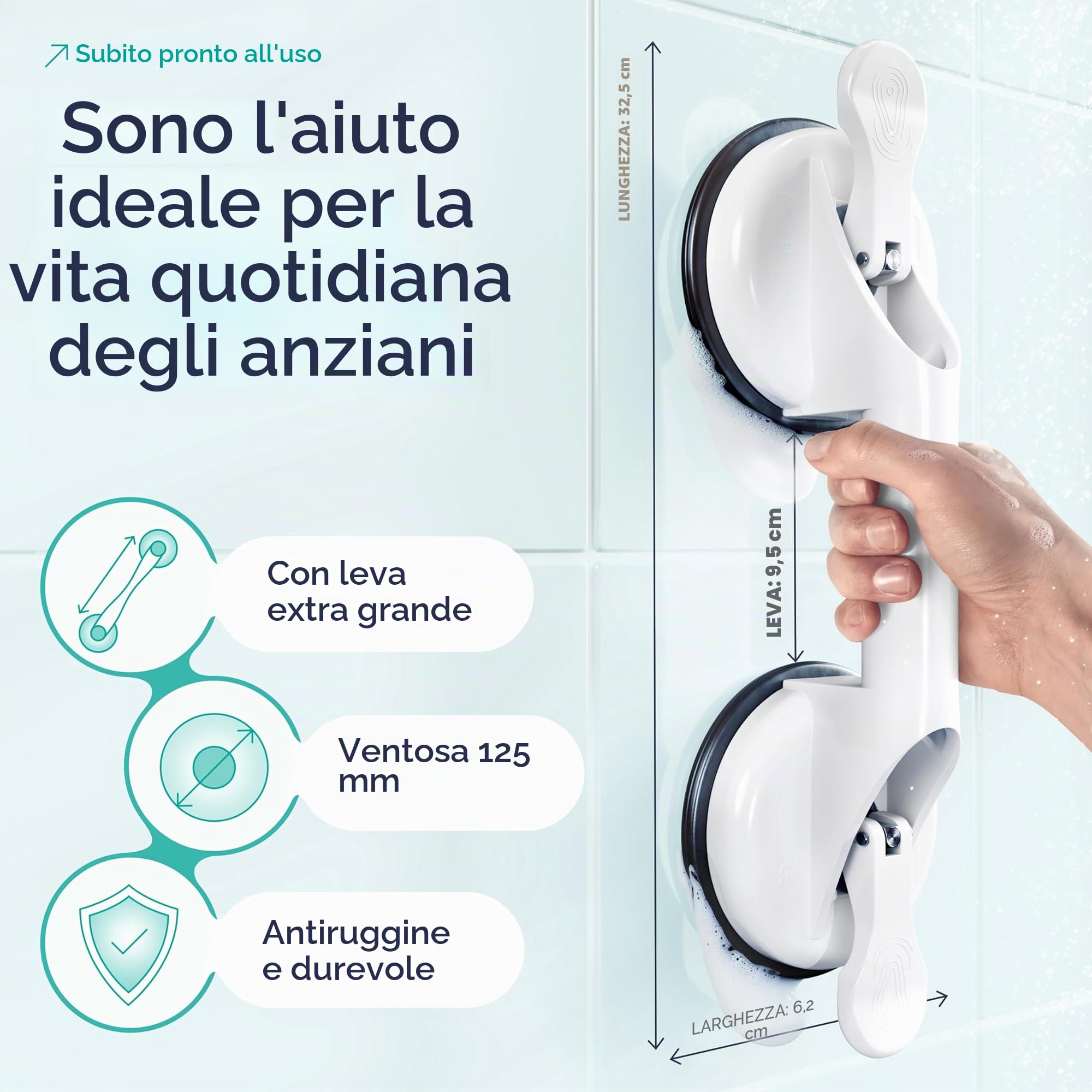 RONNELL – Maniglie per anziani – Mega forte tenuta – Maniglia doccia – Facile da applicare senza forare, maniglia doccia con ventosa, manico a ventosa per bagno