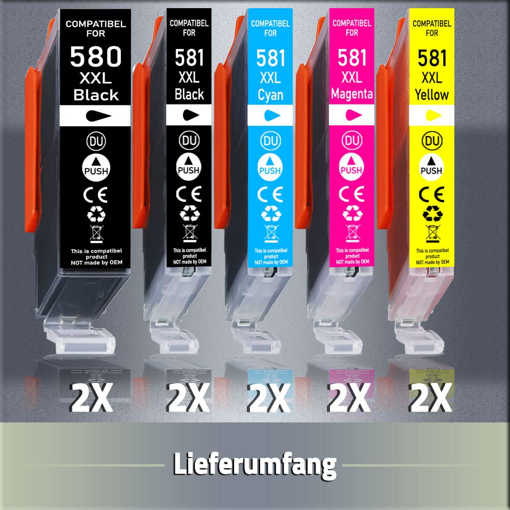 10 Cartuchos De Tinta (Set) Para Reemplazarr Canon PGI-580 & CLI-581 XL Non-OEM