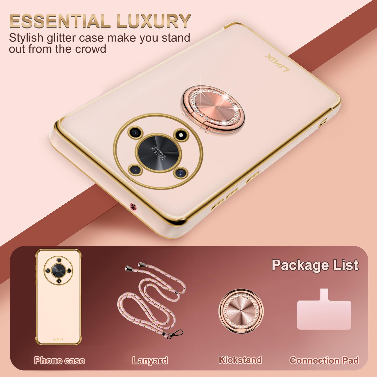 Custodia Honor 200 Con Cordino E Anello - Silicone TPU Antiurto, Supporto 360°, Rosa Con Dettagli Dorati - Foto 5