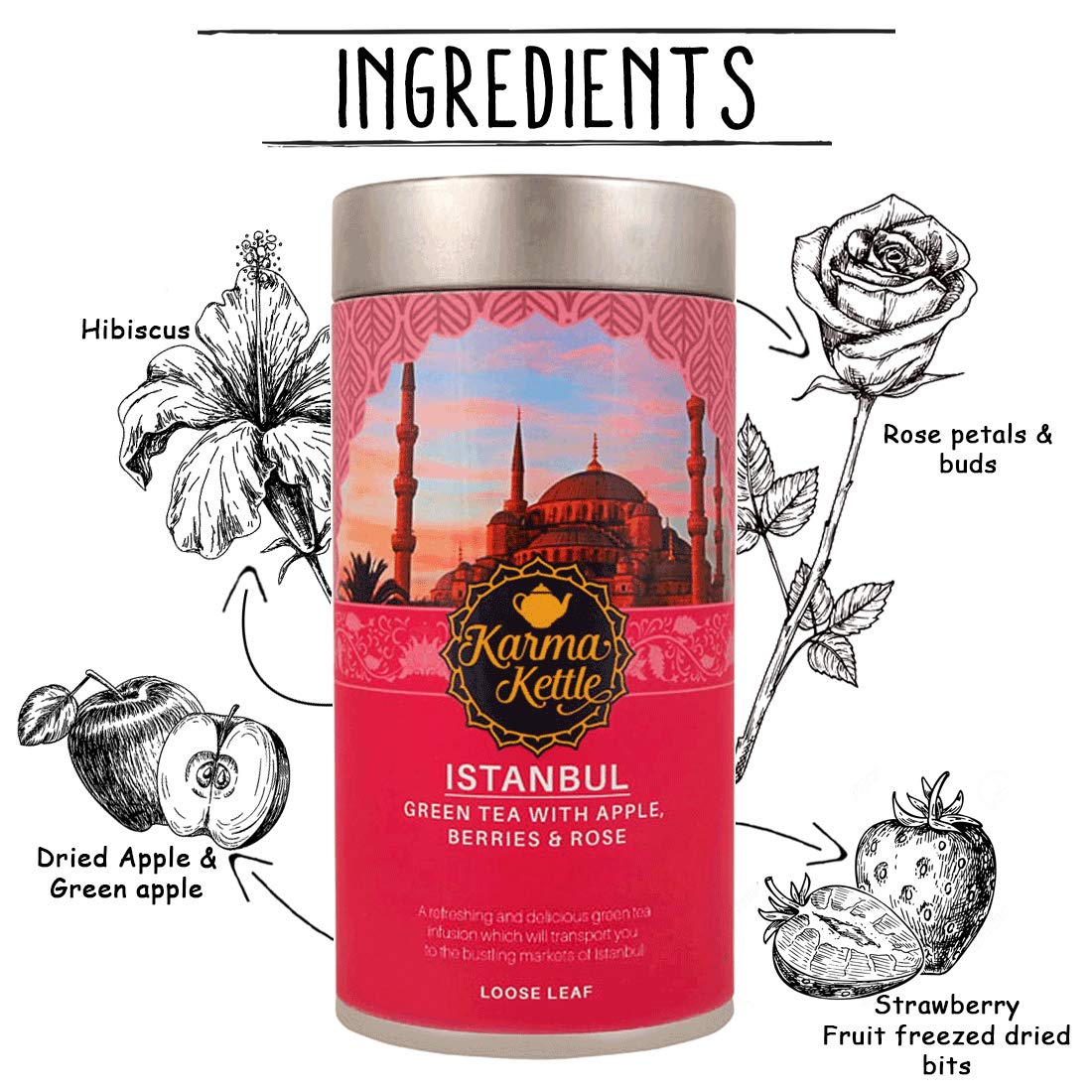 Karma Kettle-Istanbul - 75 GMS | Travel Teas I Hibiscus Apple Green | With Berries & Rose | Loose Leaf Tea | Whole Leaf Tea to Promote Healthy Glowing Skin | Immunity Booster | 100% vegan - Image 3 thumbnail