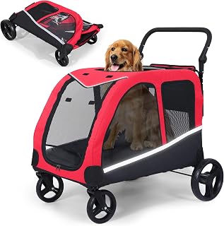Saudism Dog Stroller for Large & Medium Dogs (up to 160lbs), Pet Stroller for 2 Small Dogs, Extra Large Heavy Duty, Dog Wagon Foldable & Adjustable Handle with Pocket, Red