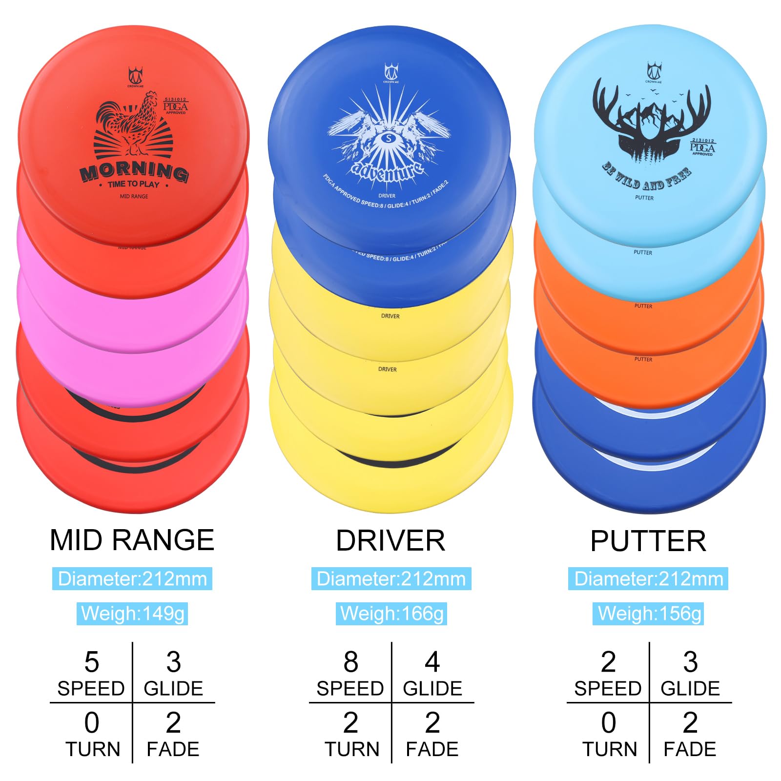 CROWN ME PDGA Approved 18 Pack disc Golf Discs, Includes Drivers, Mid-Ranges, Putters.