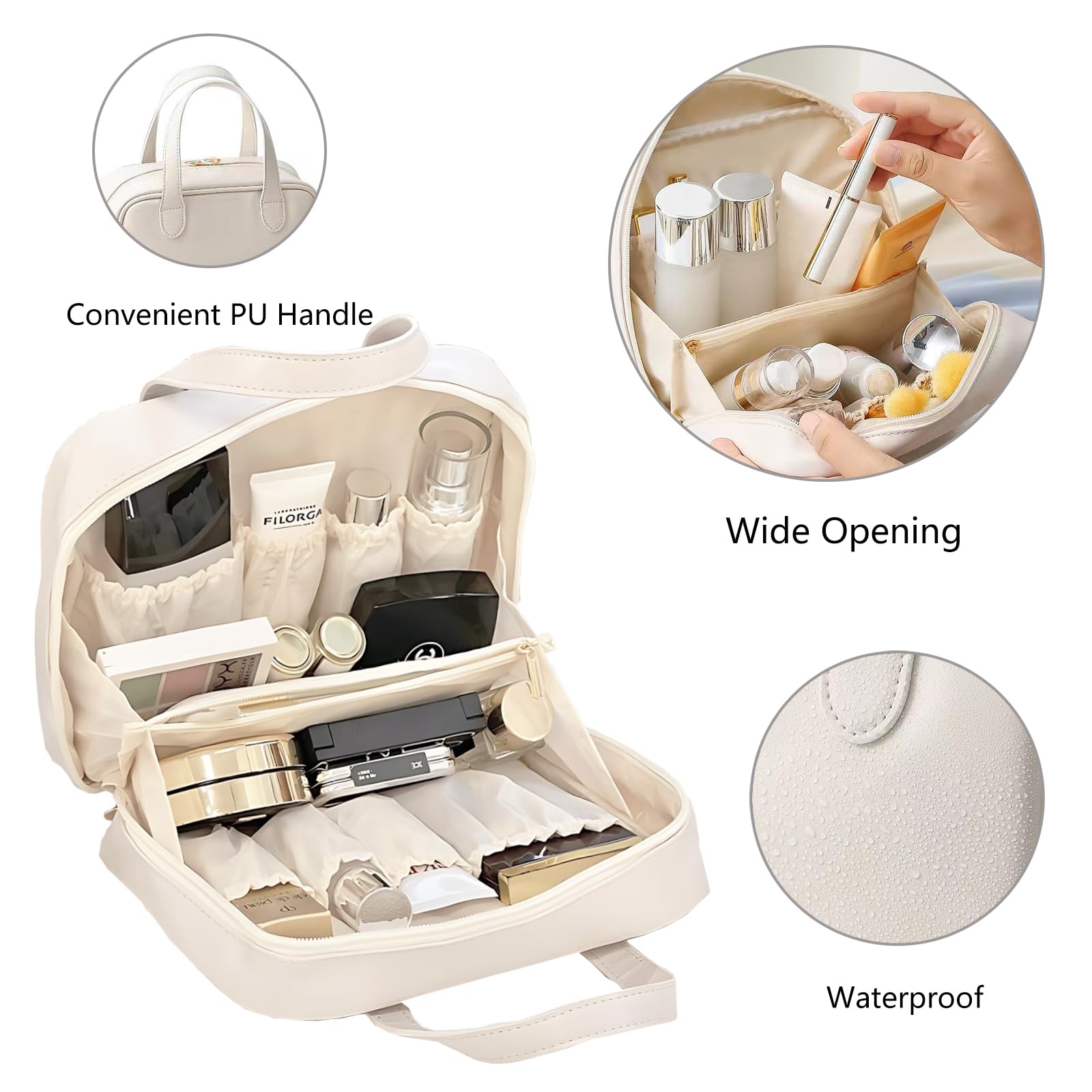 Lusiauh Travel Toiletry bag, Wide Opening Cosmetic bag, PU portable Small Organizer Bag, Lightweight Makeup Bag Travel Essentials for Women Black