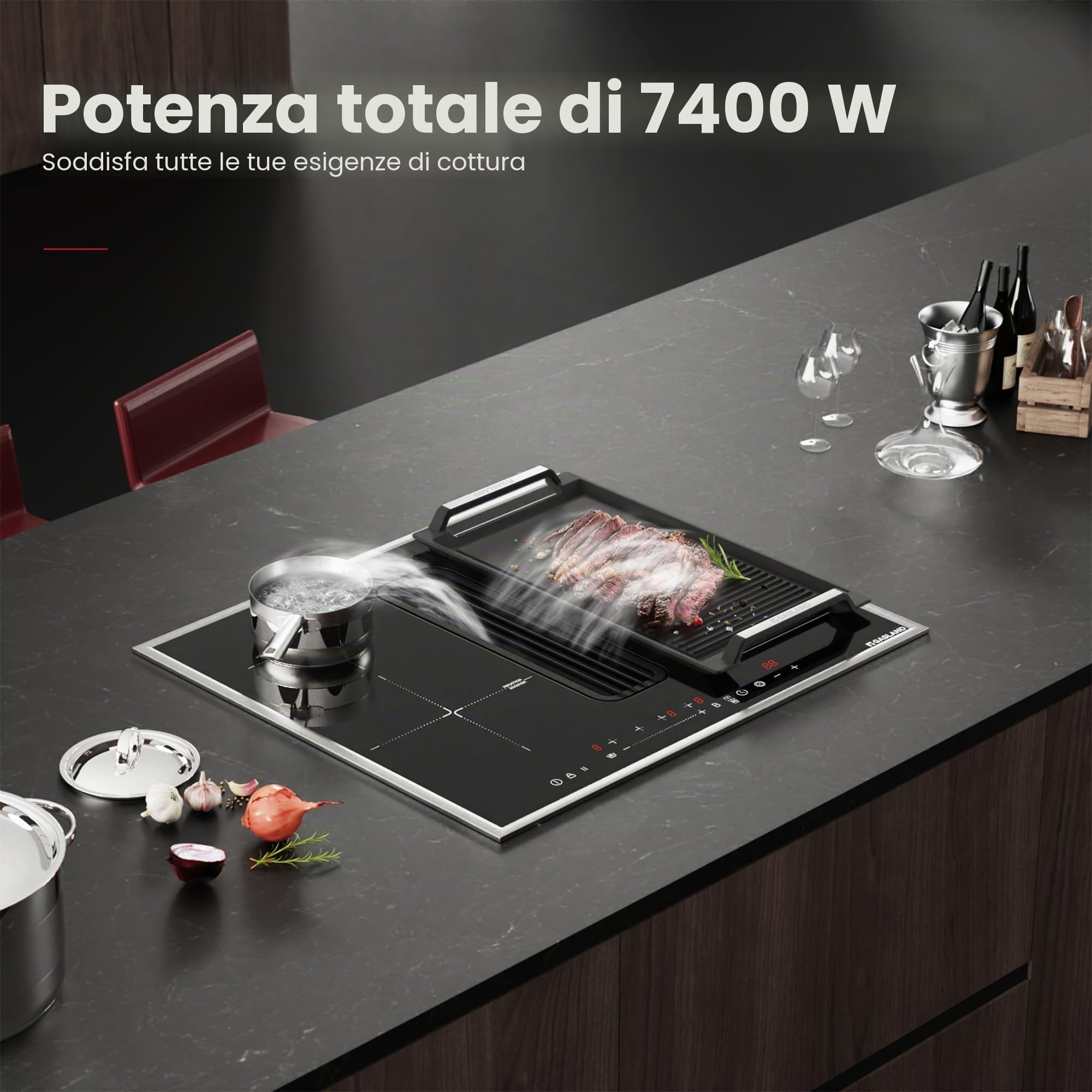 GASLAND IH604BFRB Piano cottura a induzione da 60 cm autonomo con cappa integrata, 4 zone di cottura a induzione con cornice in acciaio inox, PowerBoost, 7400W (senza piastra per grigliate)