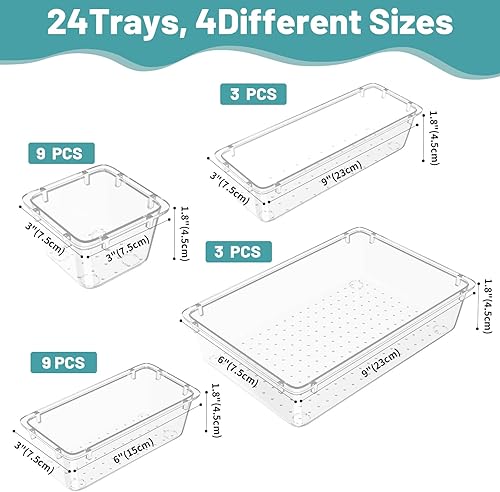 Miniatura 3 de WOWBOX Juego de 24 organizadores de cajones de plástico transparente, 4 tamaños para organizar cajones de escritorio y contenedores de