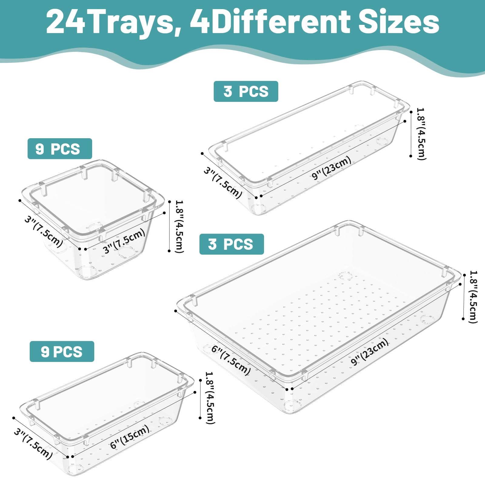 WOWBOX Set di 24 organizer per cassetti in plastica trasparente, 4 misure, per organizzare e riporre trucchi, cosmetici, gioielli e gadget in cucina, bagno, camera da letto, ufficio, trasparente