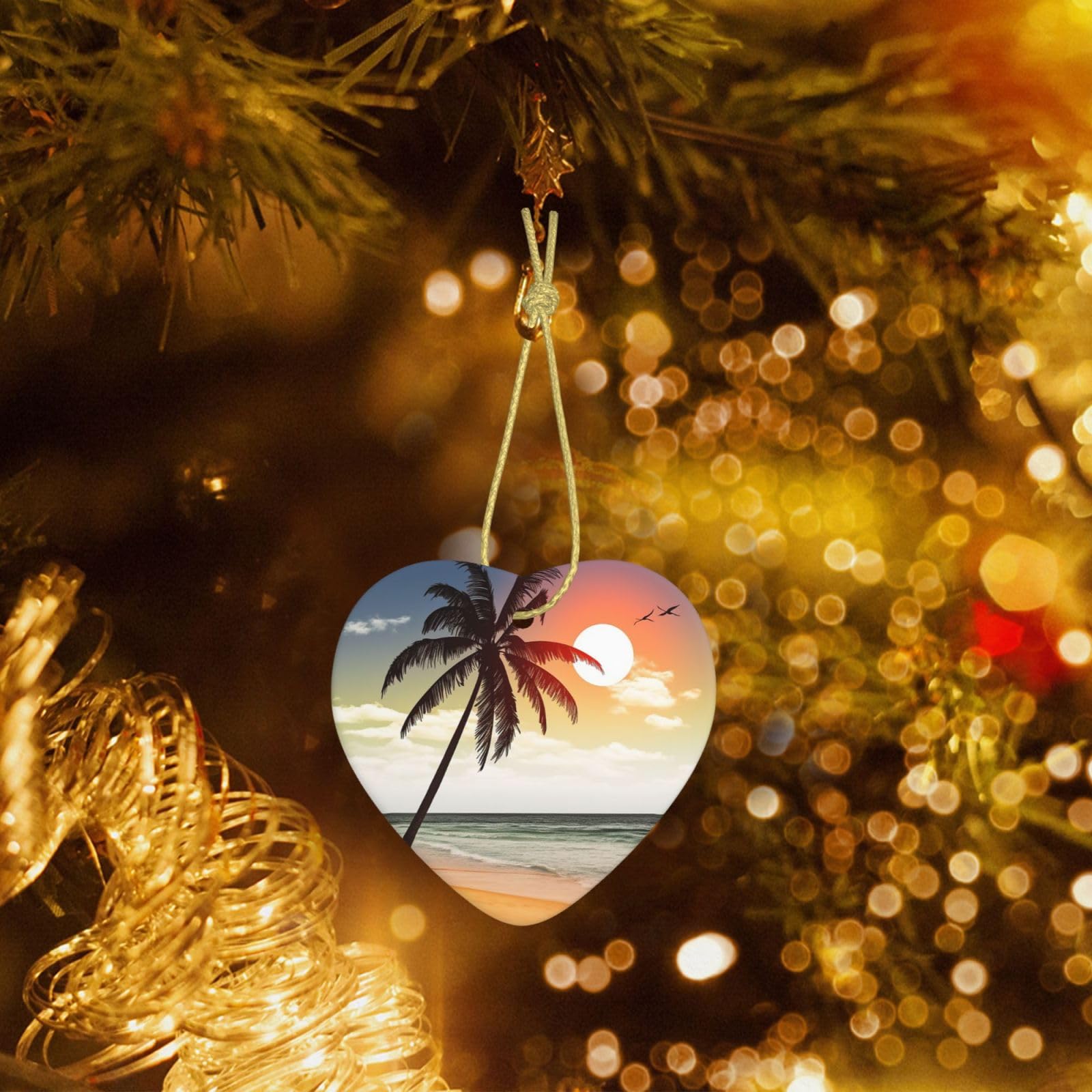 Christmas Heart Shaped Ornaments 1 Pcs, Double-Side Ceramic Xmas Tree Hanging Ornament with Gold String Palm Tree On Beach Personalized Porcelain 2025 Christmas Pendent