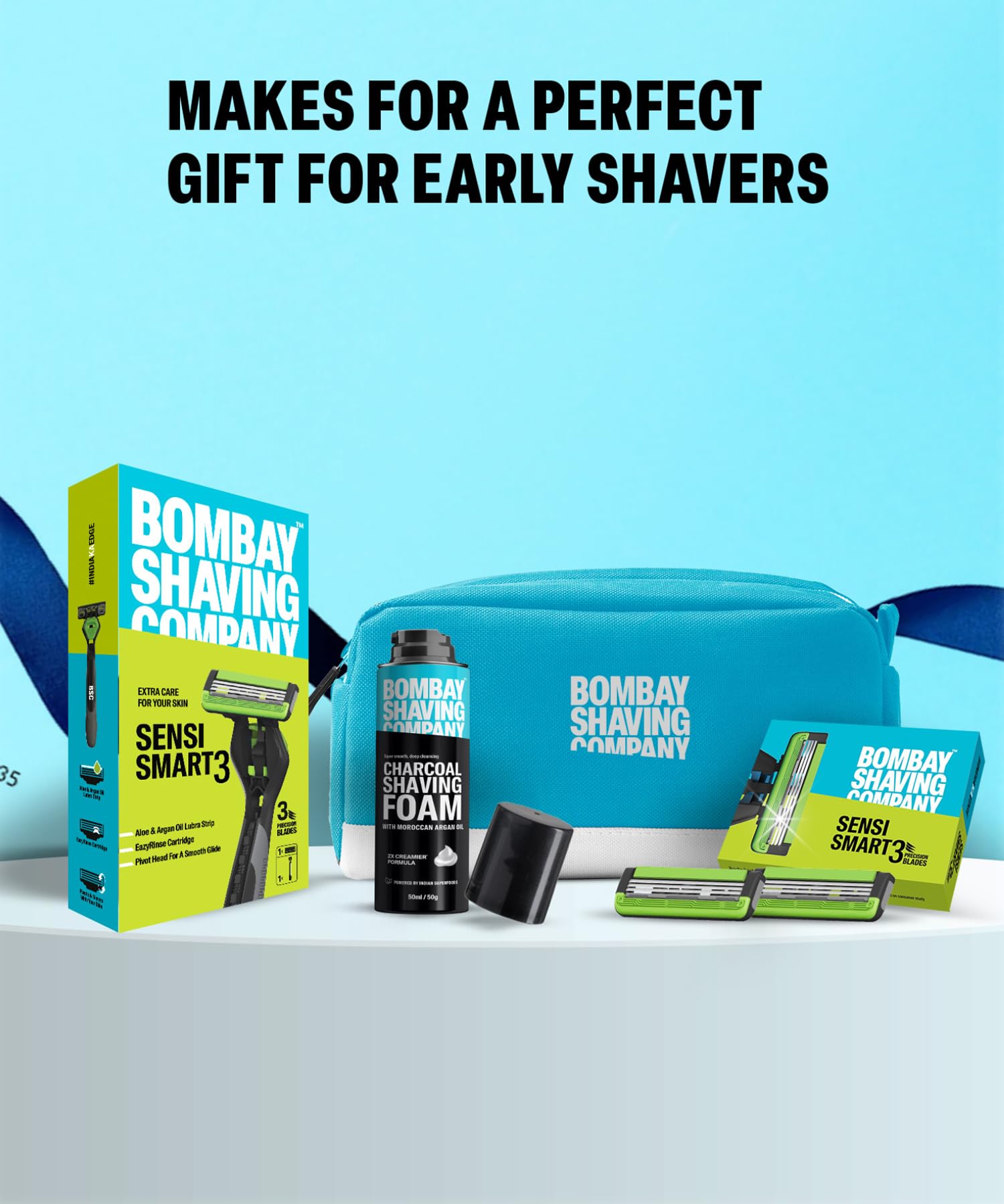 Bombay Shaving Company Sensi Smart 3 Shaving Kit For Men | Sensi Smart 3 Razor, Razor Cartridges, Charcoal Shaving Foam | Travel Bag | Shaving Kit For Sensitive Skin | Shaving Starter Kit | Travel Kit For Men - Image 8 thumbnail