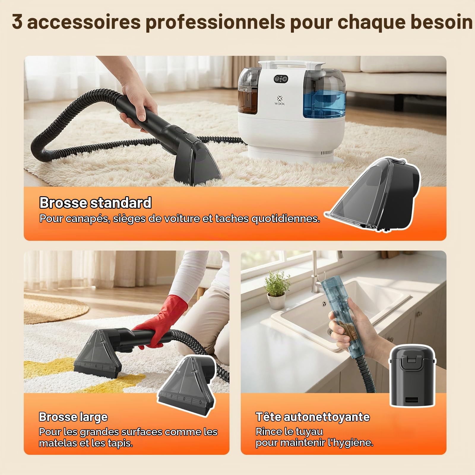 WOOX Shampouineuse Nettoyeur Canapé Tissu, 1700W Nettoyeur Vapeur à l’Eau Chaude, Aspiration 15Kpa Injecteur Extracteur Portable pour Tapis, Matelas, Voiture, Rideaux, Réservoir Double