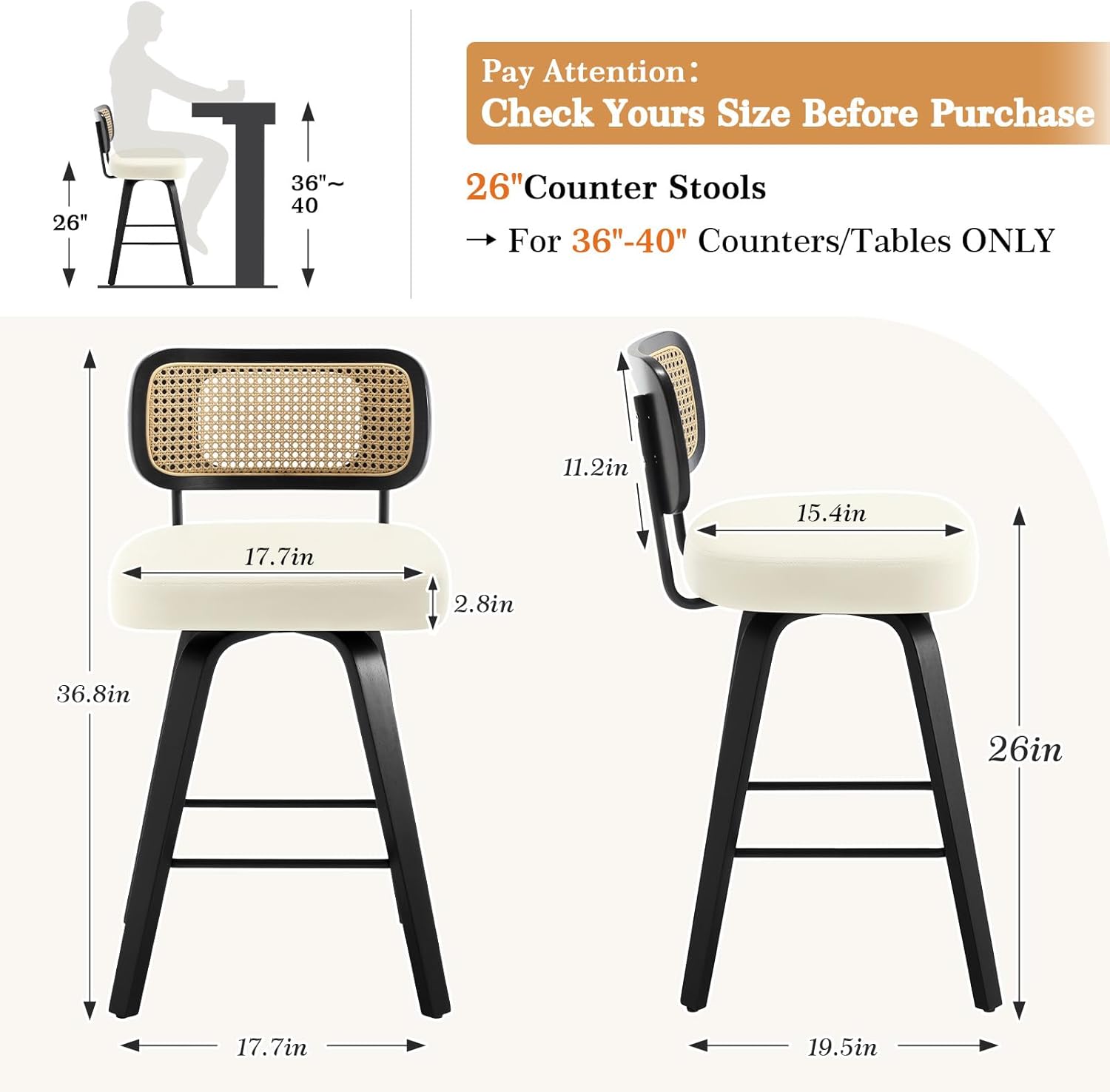 Diagram showing detailed dimensions of the 26-inch counter stool, including height, width, and depth measurements, and a note to check counter size.