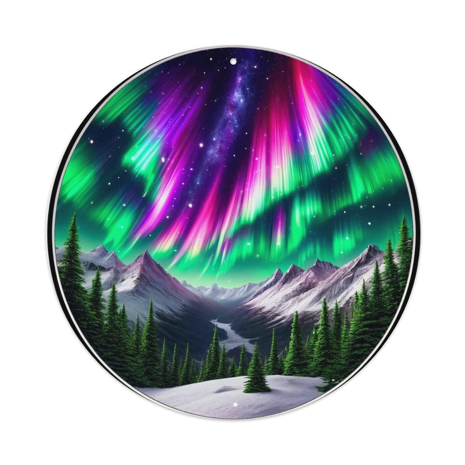 Aurora Sky Mountain Forest Snow Round Metal Tin Sign Vintage Wall Decor, Bar Garage Cafe Kitchen Home Wall Art Poster 8x8inches