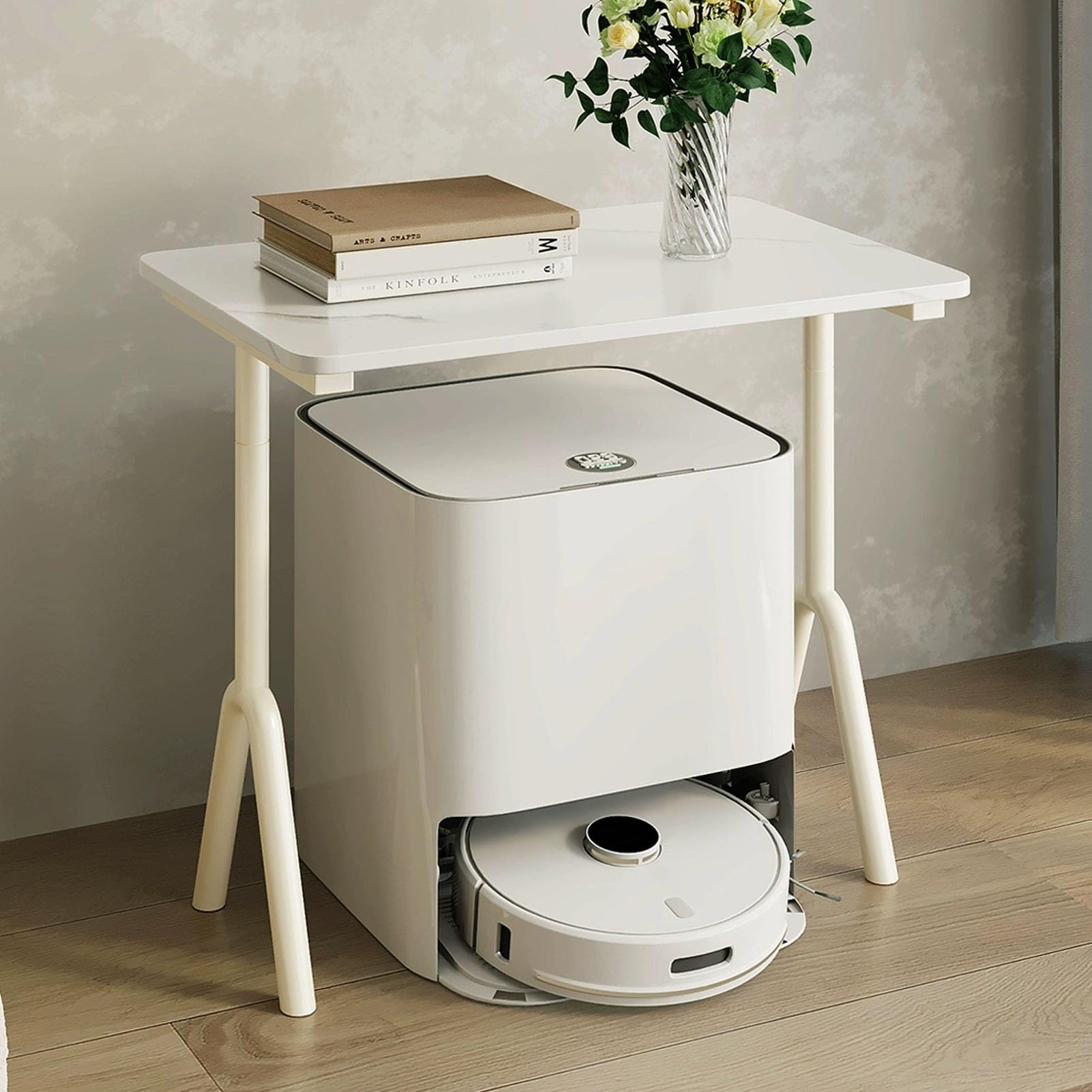 Estante para robot aspirador portatil con mesa auxiliar extraible de 60cm blanca