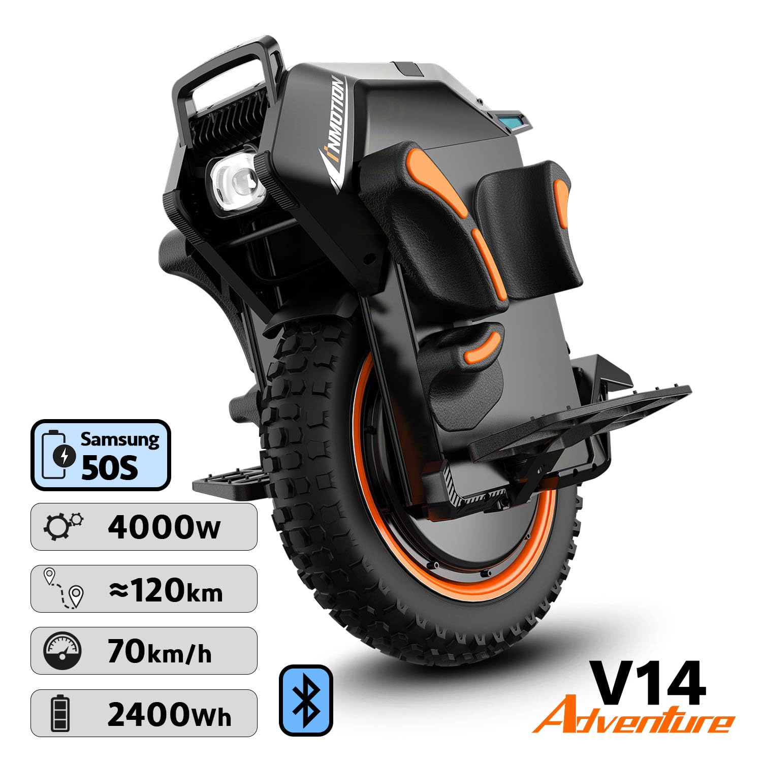 Inmotion Einrad Elektrisch V14 50S Adventure, Erwachsene, Schwarz, Motor 4000W, Reichweite bis zu 120km, Geschwindigkeit auf 25 km/h begrenzt, Luftreifen 16''