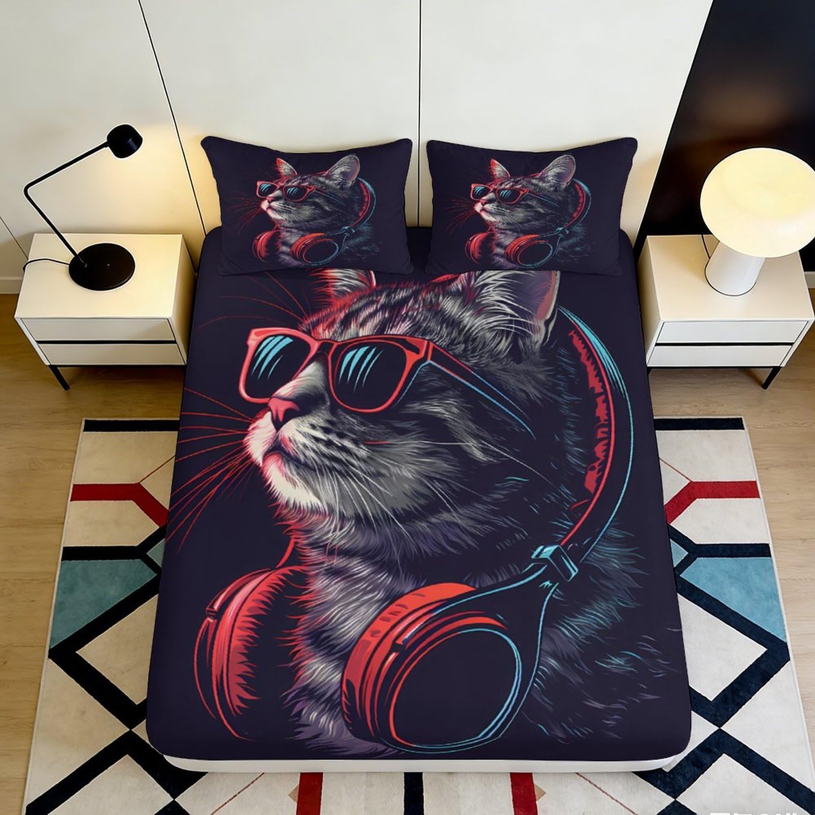 3D Printed Cool Cat Headphone Fitted Sheet Microfiber Non-Slip Bed Cover for Bedroom Dorm Mattress Protection Decor 120x200x25cm