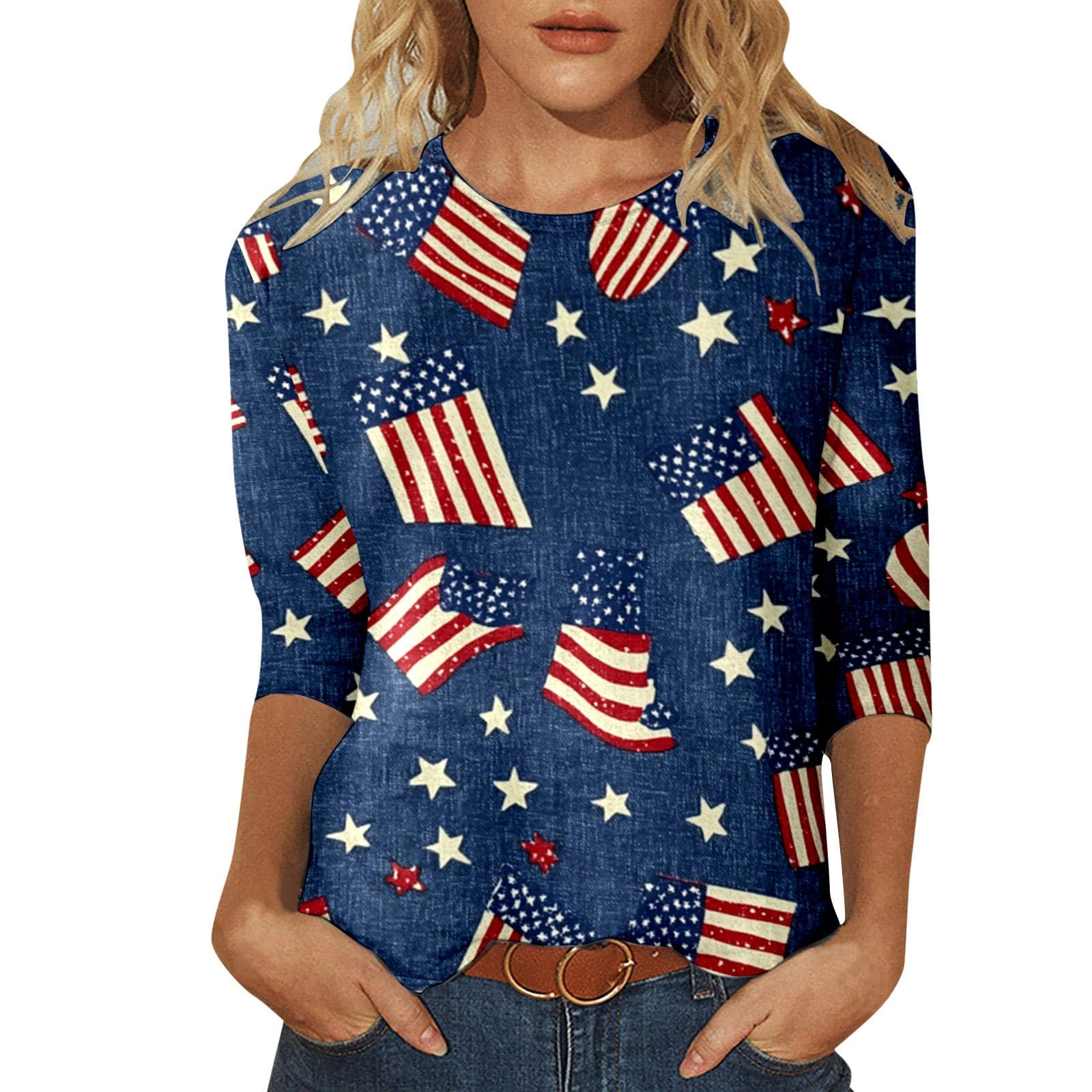 Women's Fashion Casual Independence Day Printed Cropped Sleeve T Shirt Long Sleeved T Shirts Women (Blue-G, XL)