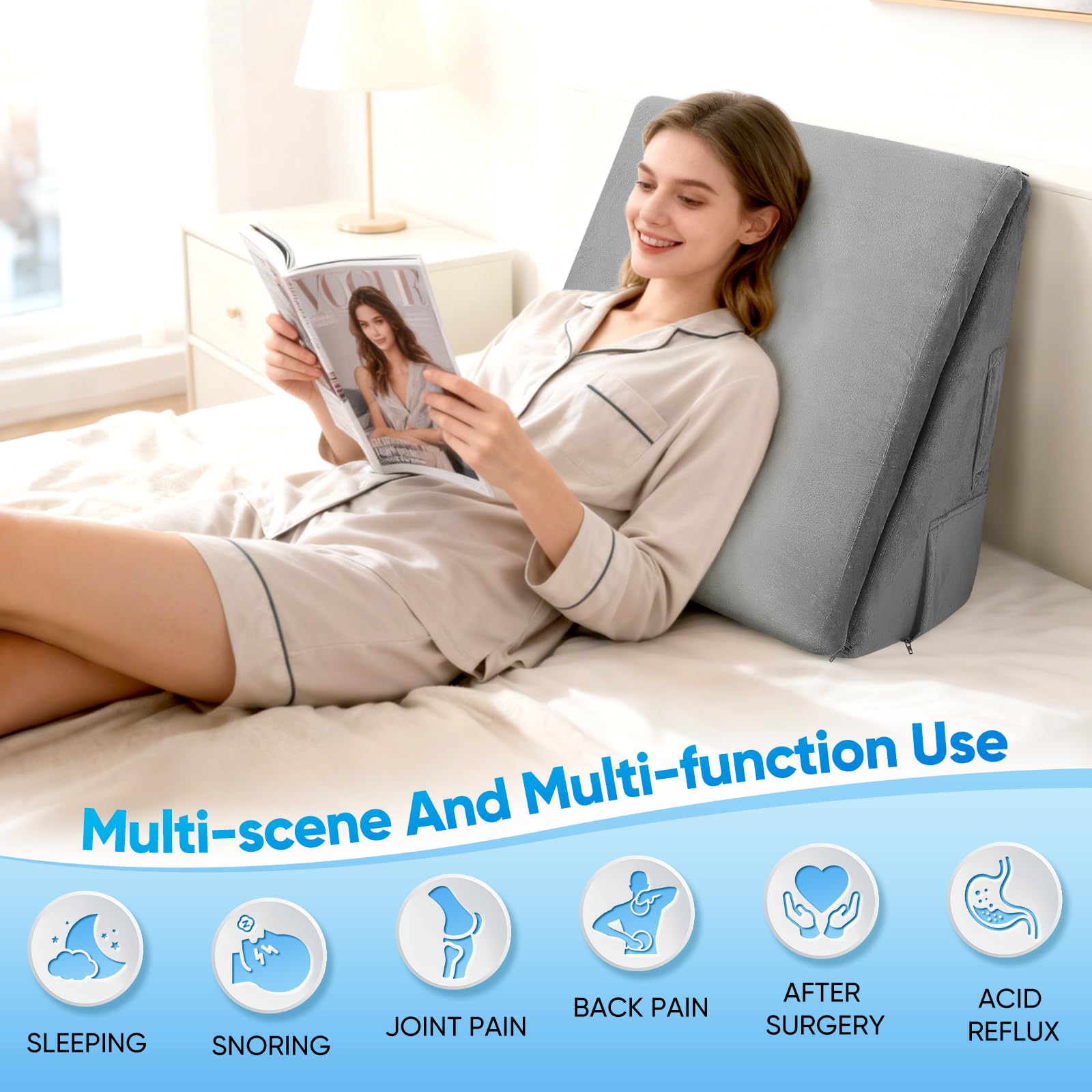 Almohada de cuña para cama de espuma viscoelástica con altura ajustable, almohada ortopédica para dormir, cojín de lectura, ideal para recuperación quirúrgica, reflujo, ronquidos, problemas de espalda