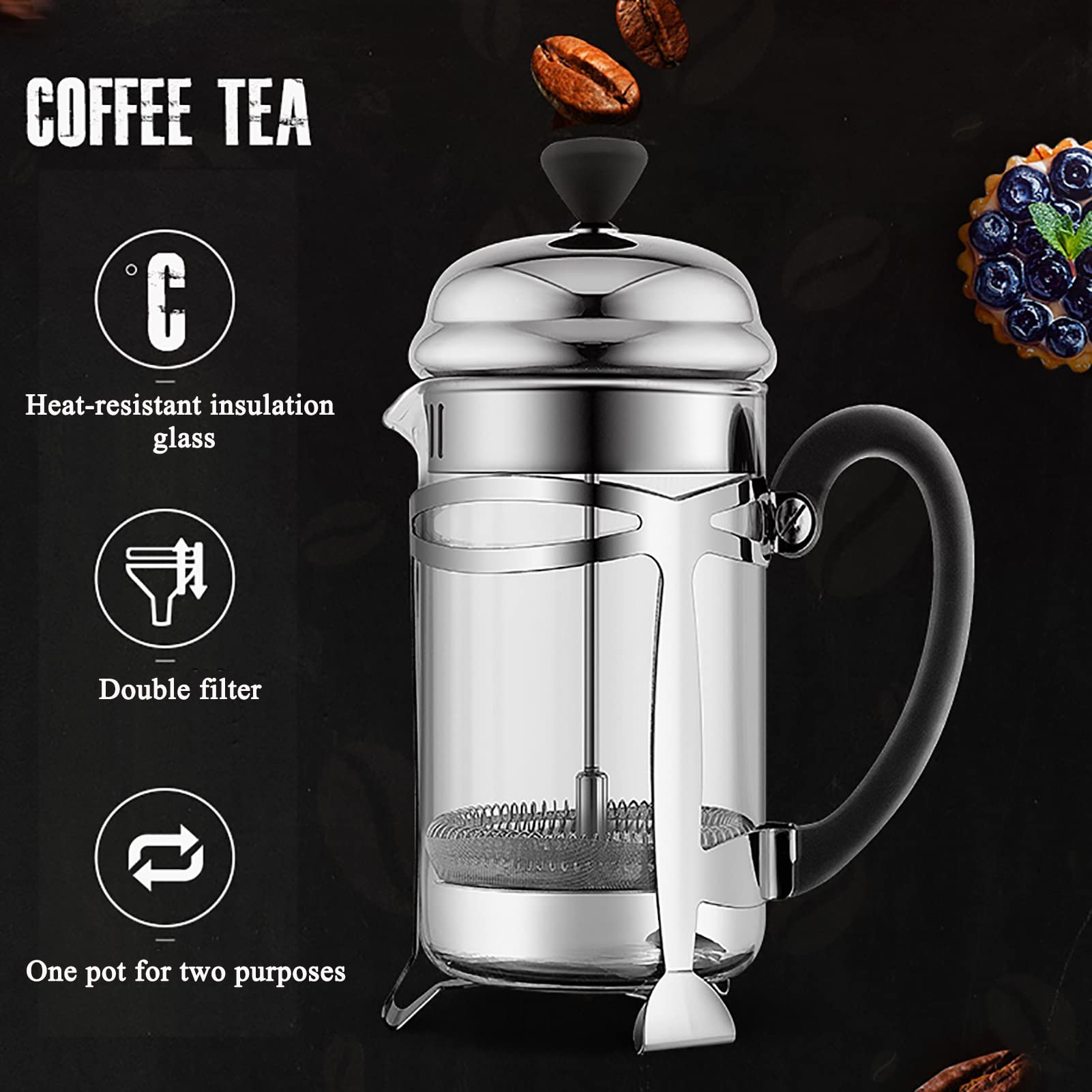Cafetera Émbolo French Press, Cafetera Francesa De Vidrio De Borosilicato Resistente Al Calor con Filtro De Acero Inoxidable, Cafetera De Piston Espresso para Café Té Suelto Y Espuma De Leche