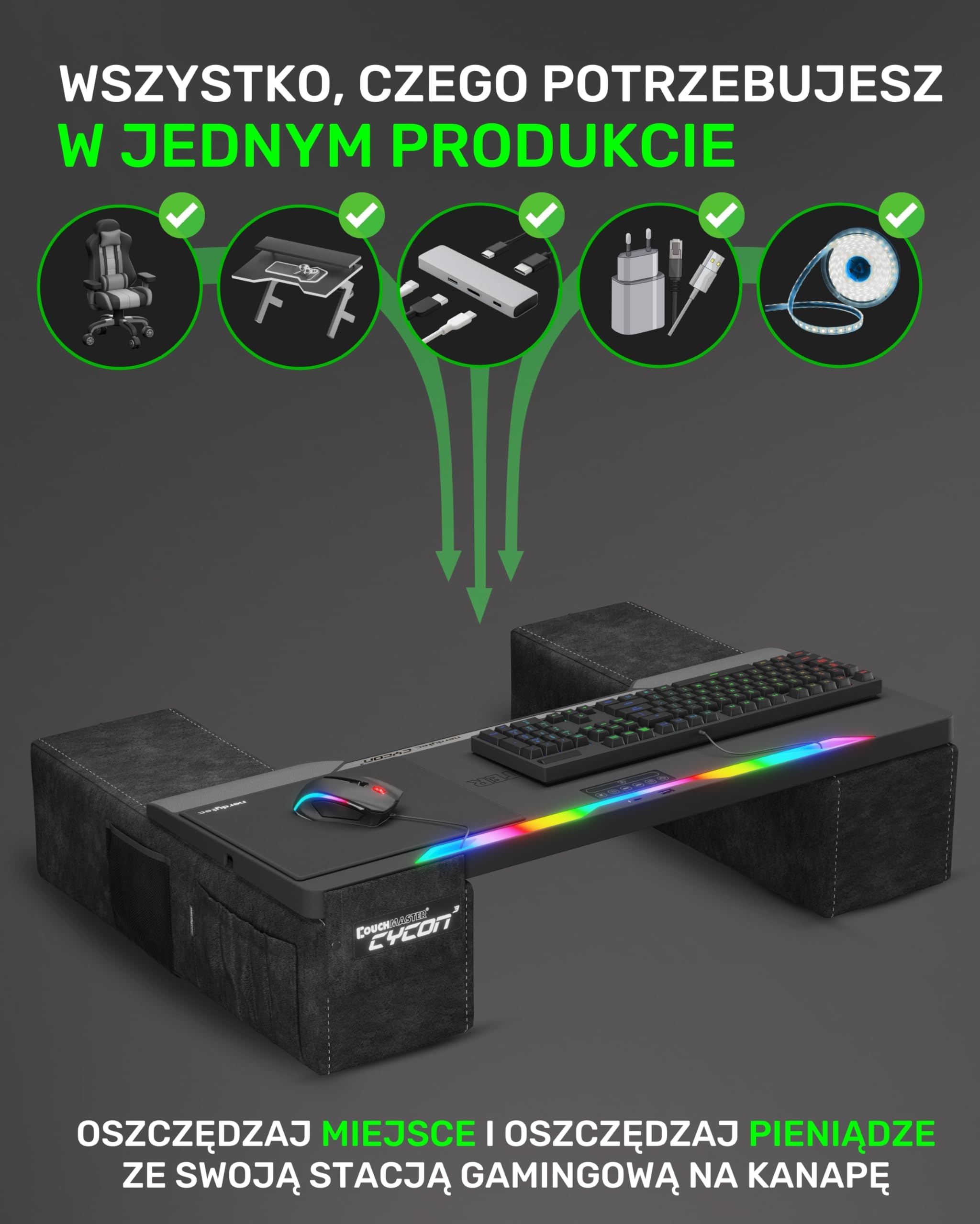 Couchmaster CYCON³ Czarny z HORIZONLIGHT – Ergonomiczny Gaming Lapdesk do kanapy i łóżka – Lapboard z koncentratorem USB – Duży i stabilny (PC, PS4/5, Xbox One/Series X, laptopy)