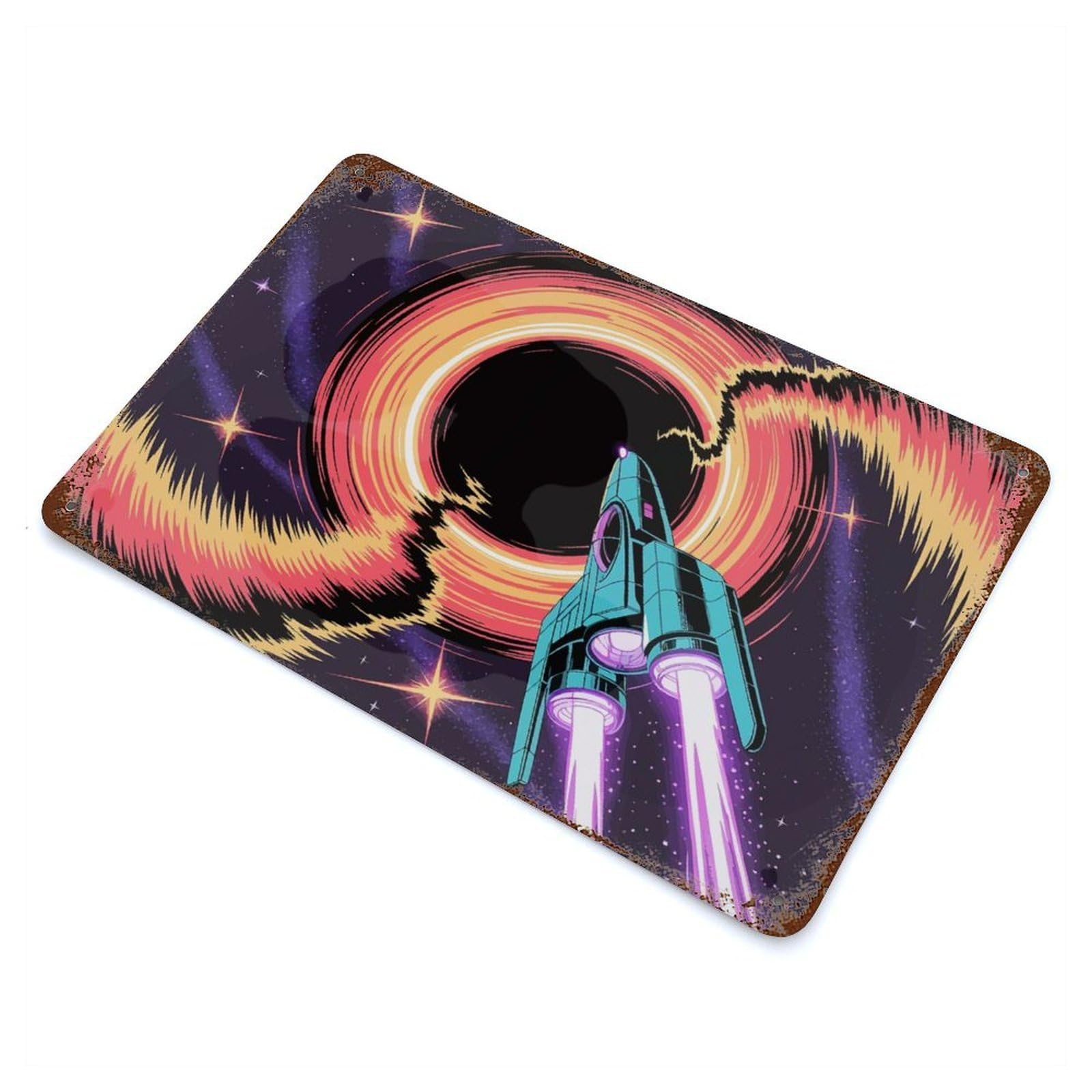 Spaceship near A Black Hole 11.8"x7.9" Rustic Tin Plaque, Farmhouse Wall Decor for Basement, Hobby Room And Garage Decor