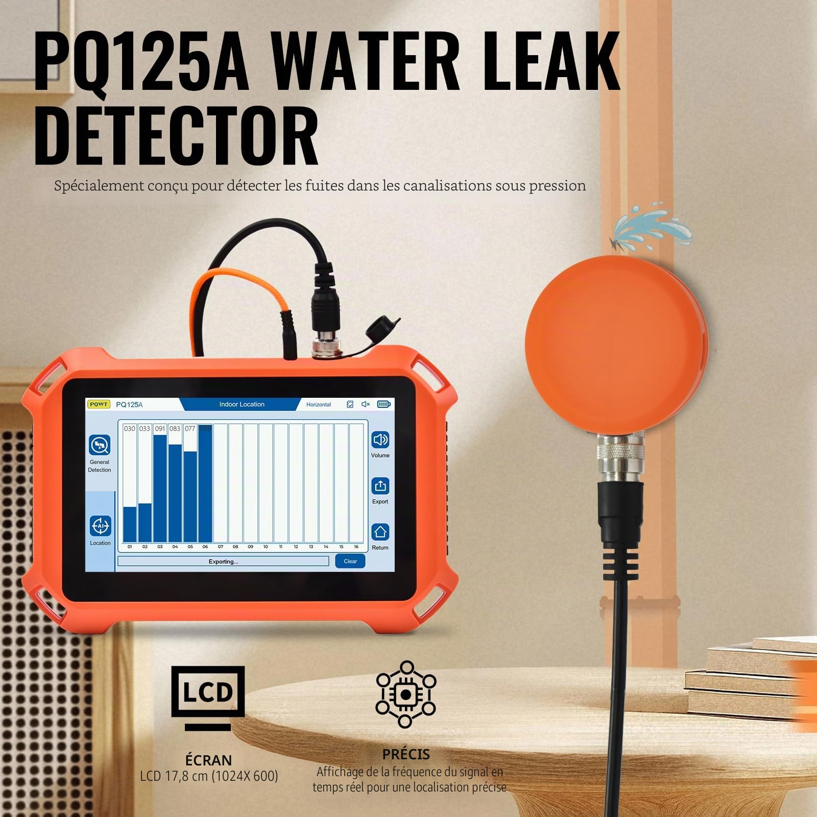 Détecteurs de fuite d'eau souterraine pour la maison PQ125A Détection de fuite d'eau murale avec écouteurs à écran tactile et étui de transport Intensificateur de son de pipeline acoustique