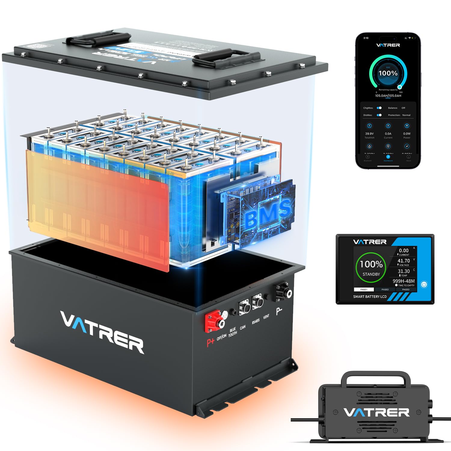 VATRER POWER 48V 105Ah Self-Heating Lithium Golf Cart Battery, Built-in Smart 200A BMS, with Touch Monitor & Mobile APP, 4000+ Cycles LiFePO4 Battery, Max 10.24kW Power Output, Perfect for Golf Carts