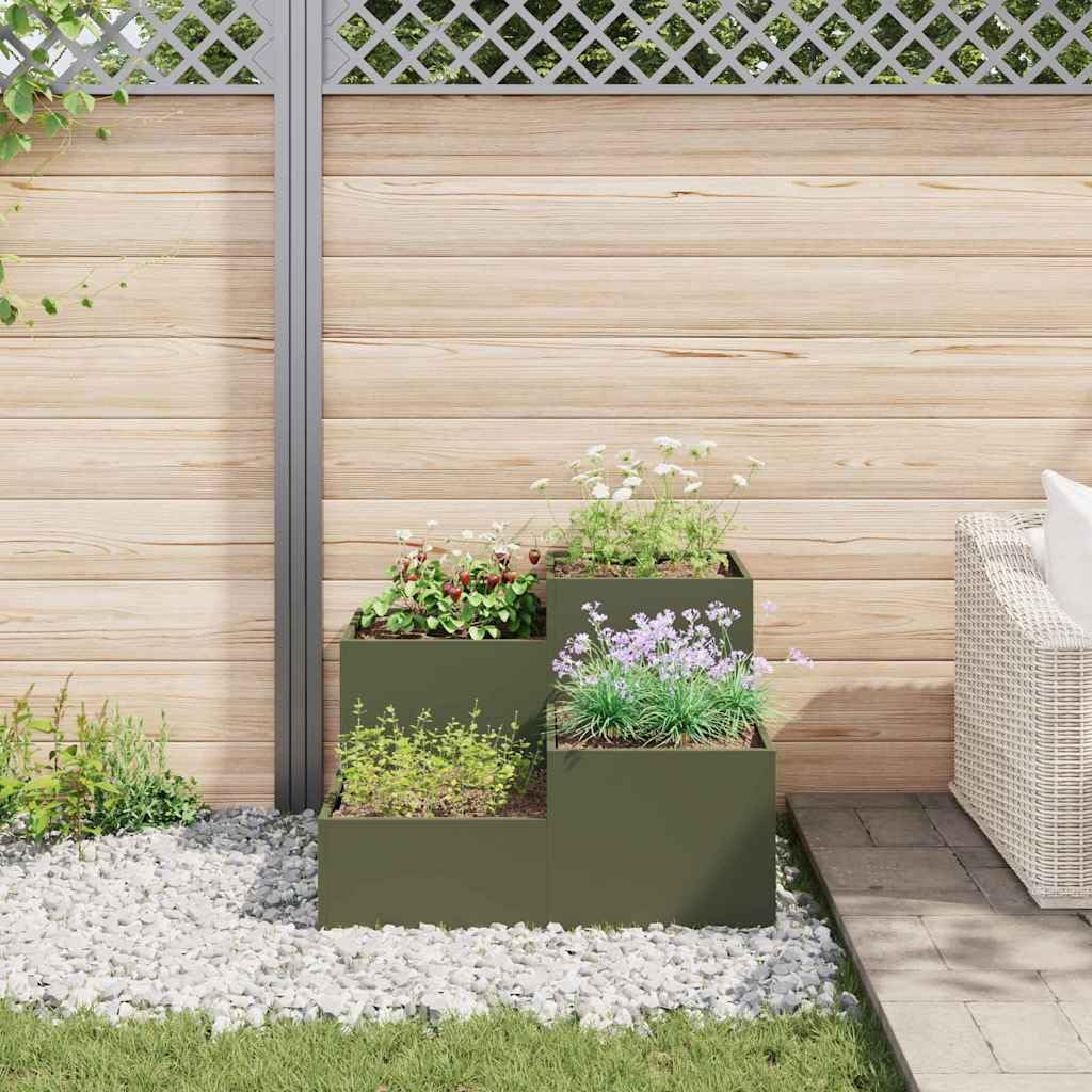 Doniczka ogrodowa oliwkowy 80 x 80 x 60 cm Stal nowoczesna metalowa prostokątna donica zewnętrzna odporna na UV na taras balkon łatwy montaż