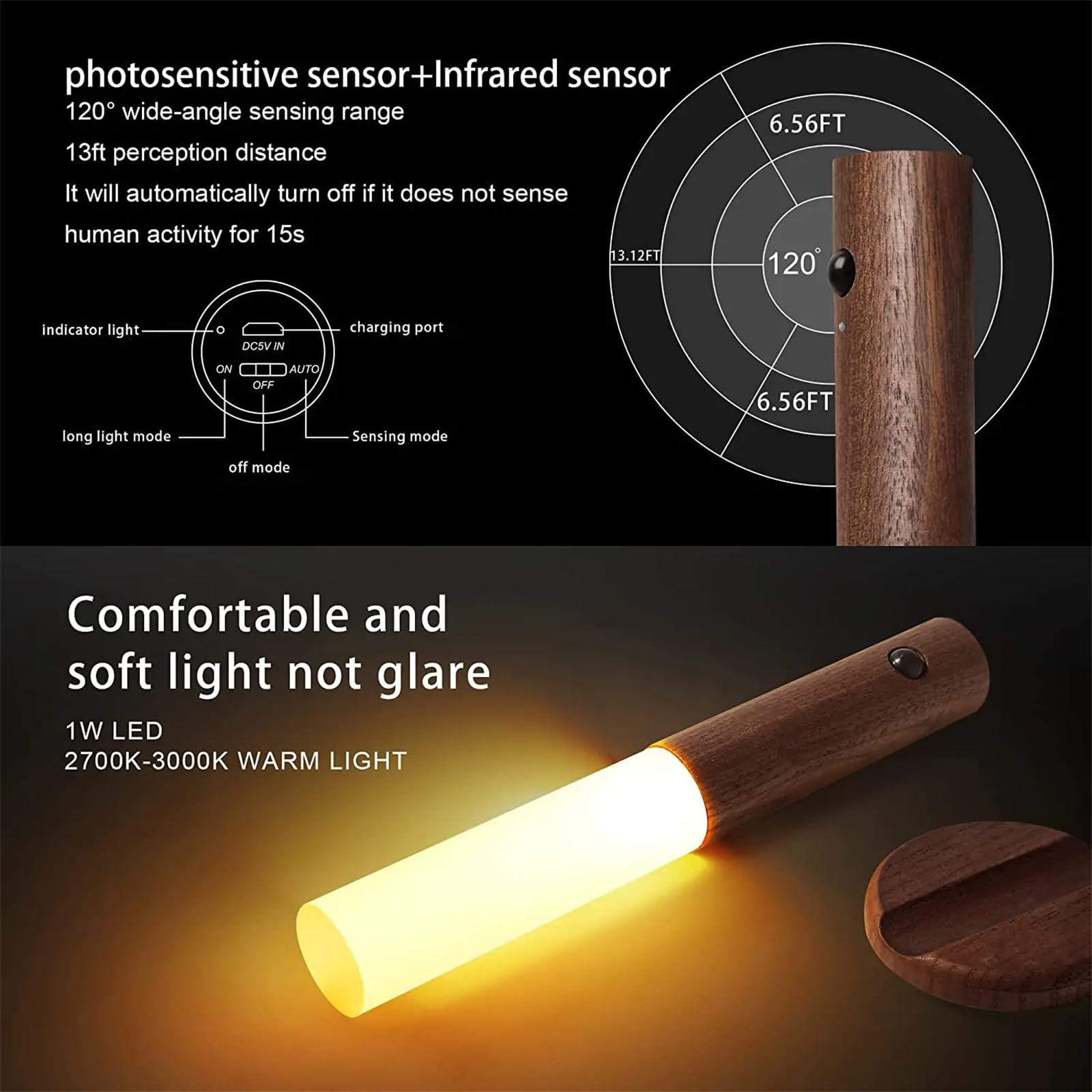 Wewnętrzna lampka nocna LED z czujnikiem ruchu, drewniana lampa ścienna, magnetyczna, ładowana przez USB, bezprzewodowa bateria, kinkiety z przełącznikiem, sypialnia, klatka schodowa, pokój dziecięcy,