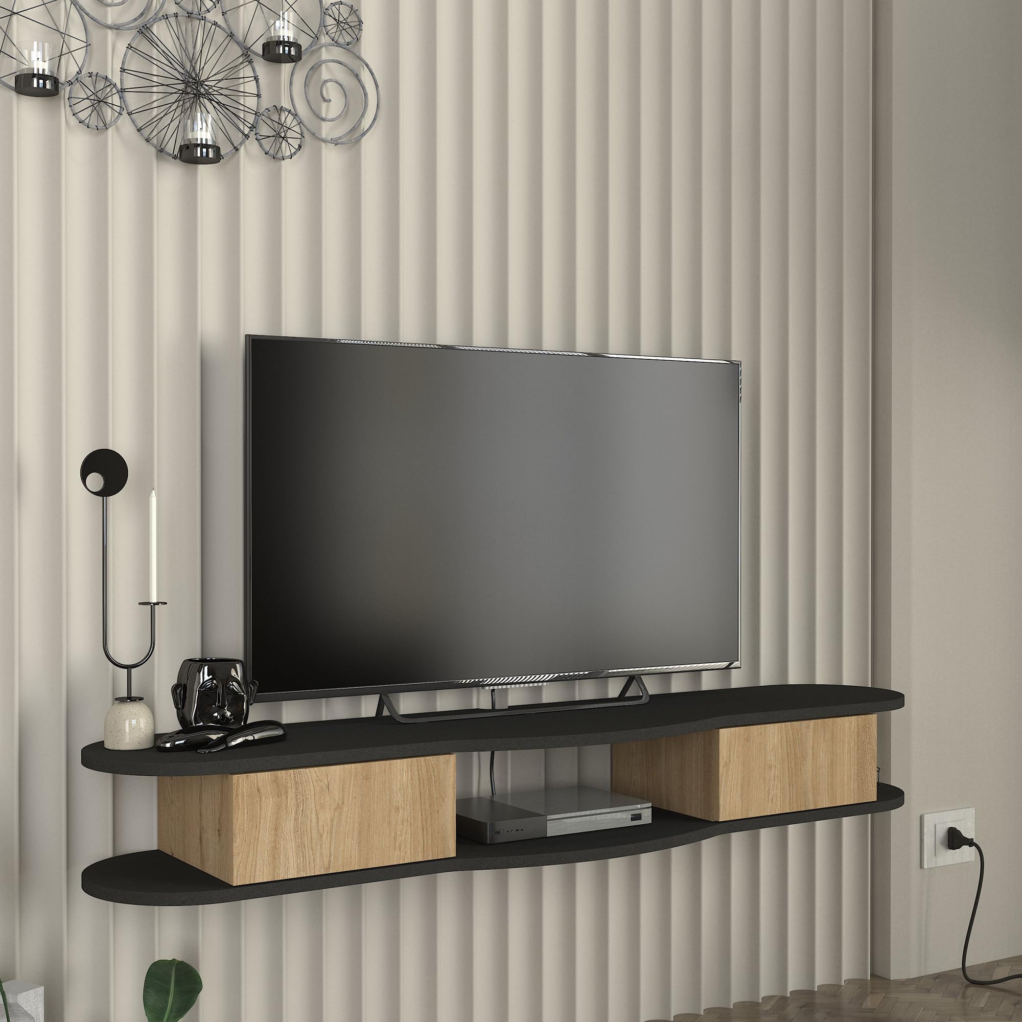[en.casa] Mobile Porta TV da Parete a 2 Scomparti Chiusi da Ante a Ribalta Vano Aperto Mensola Sospesa Stand Multimediale con Fori Passacavi 150x35x19 cm - Antracite/Effetto Rovere