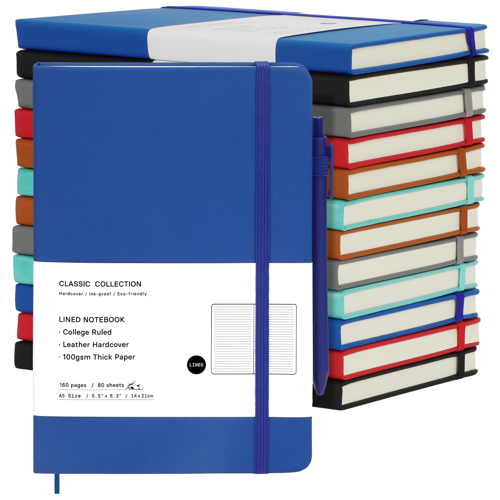 Coopay Lot de 12 carnets A5 avec 12 stylos – Journal classique ligné en cuir à couverture rigide avec porte-stylo – Pour l'écriture, le bureau, la maison, l'école, l'université, les affaires, 21,1 x