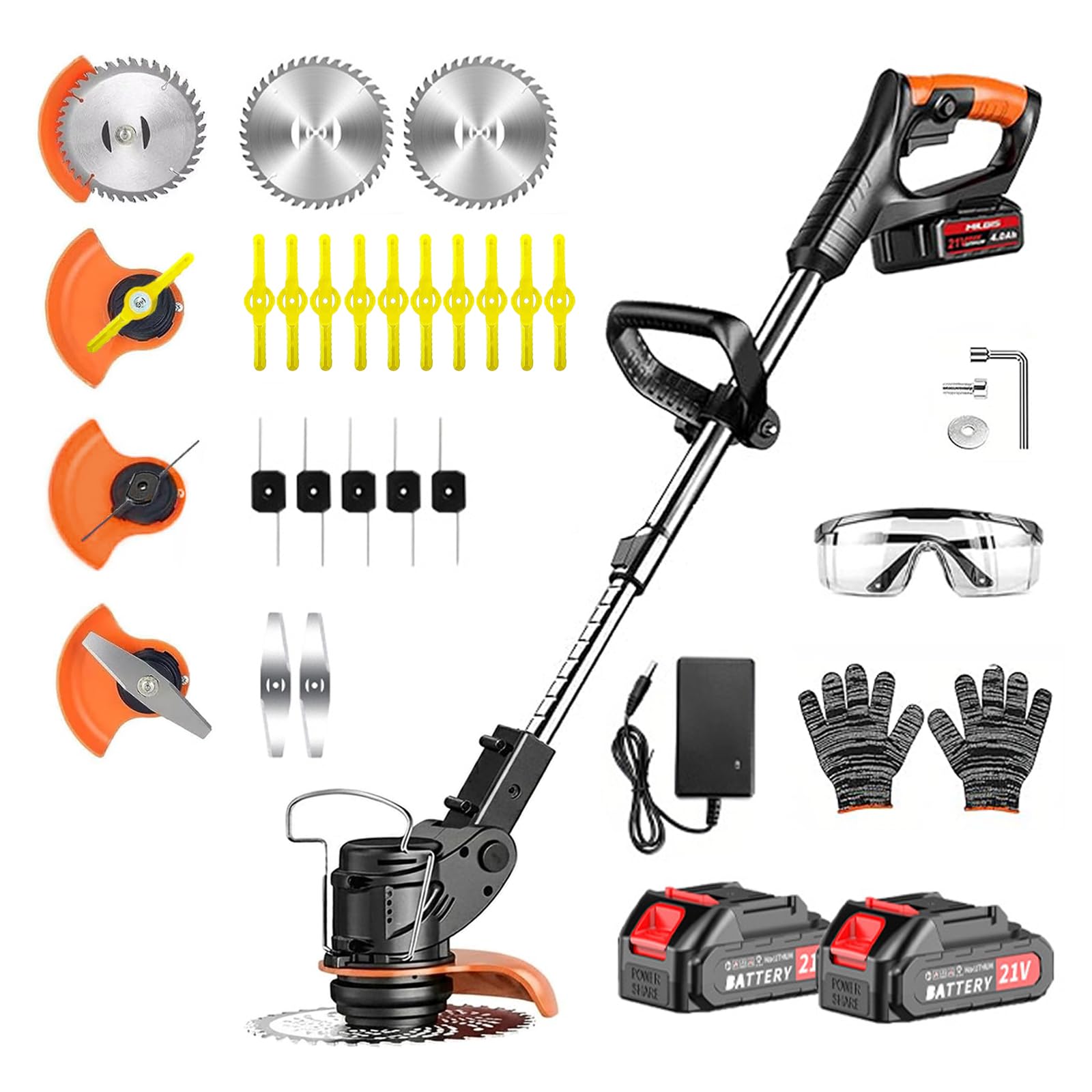 21V Cordless Strimmer, 4 in1 Adjustable Garden Strimmer, Electric trimmer with 2 x 2.0mAh Batteries, With adjustable handle and 90° Head Rotation, Suitable for mowing lawns, gardens, patios