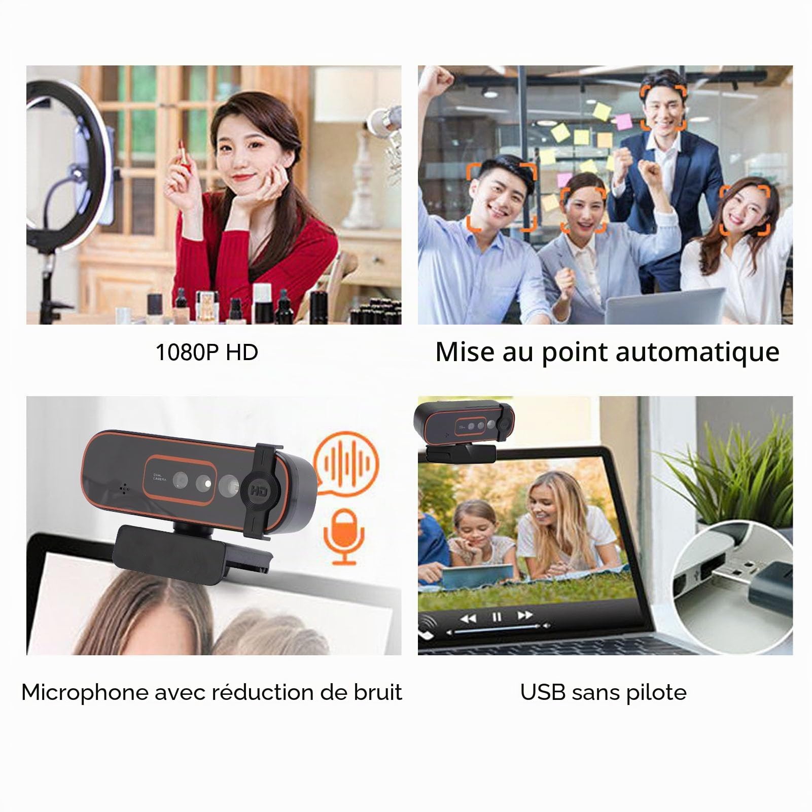 XUMIUZIY Webcam 1080P 30FPS avec Hello, Webcam à Reconnaissance Faciale avec Couvercle Privé, Microphone Intégré à Réduction de Bruit, Mise au Point Automatique, Caméra Web USB HD