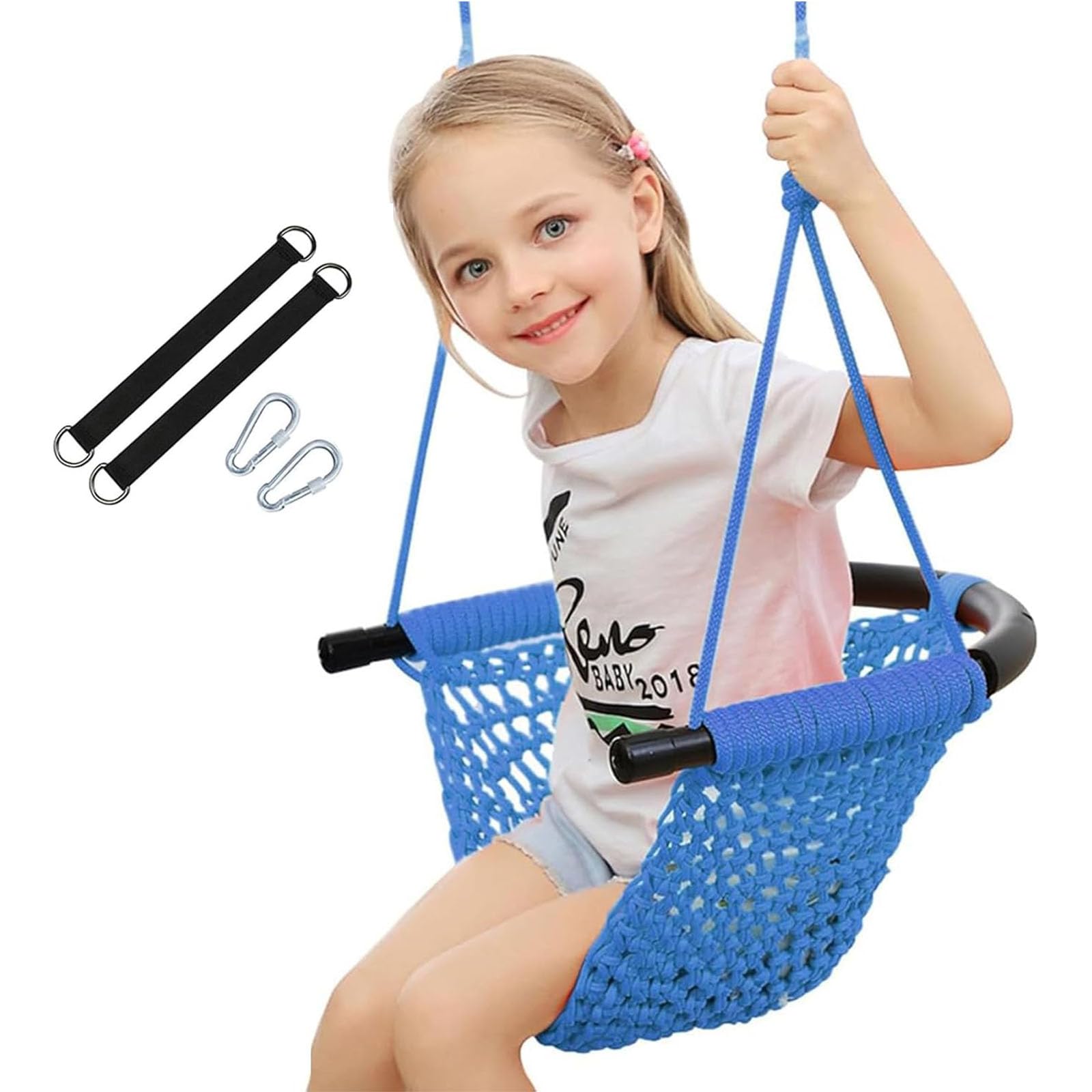 Nets Tribe Blue Hand Knitted Toddler Swing For Kids With Adjustable Ropes, Heavy Duty Safe Rope Swing Set For Indoor, Outdoor, Playground, Tree, 200Kg Load Capacity (Blue)
