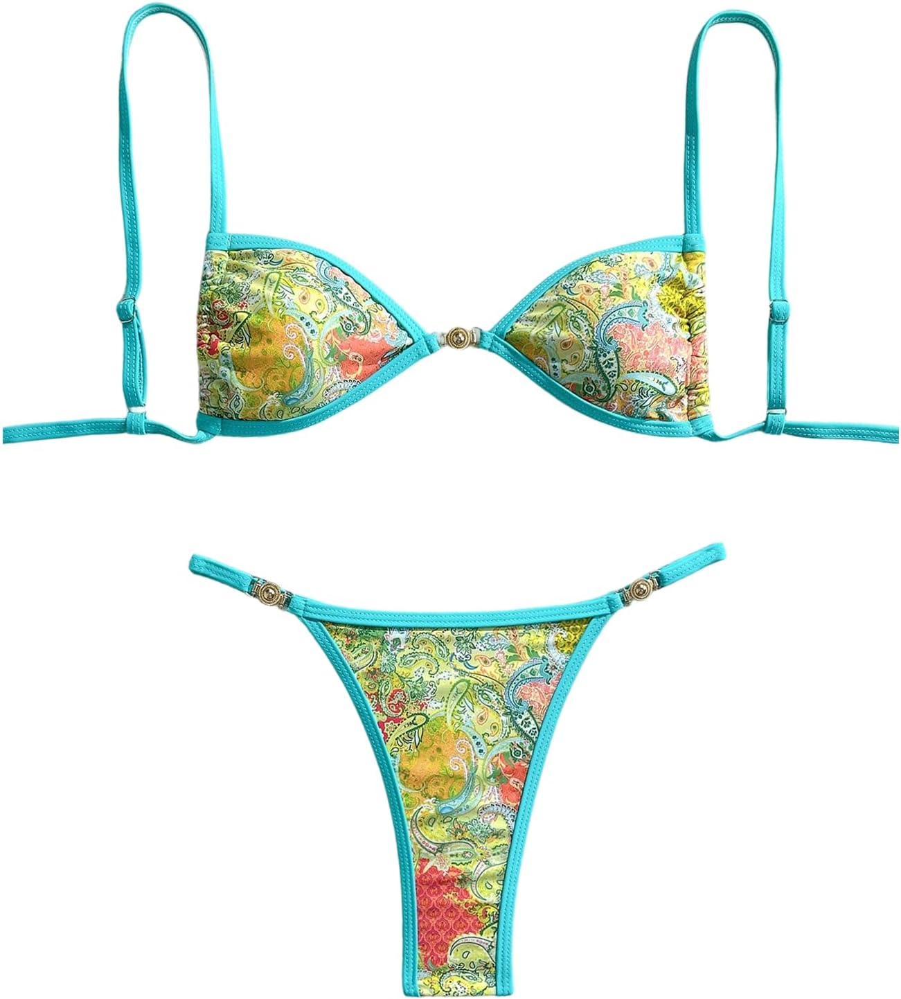Women's Two Piece Boho Paisley Print Bikini Set Cheeky Triangle High Cut String Thong Swimsuit
