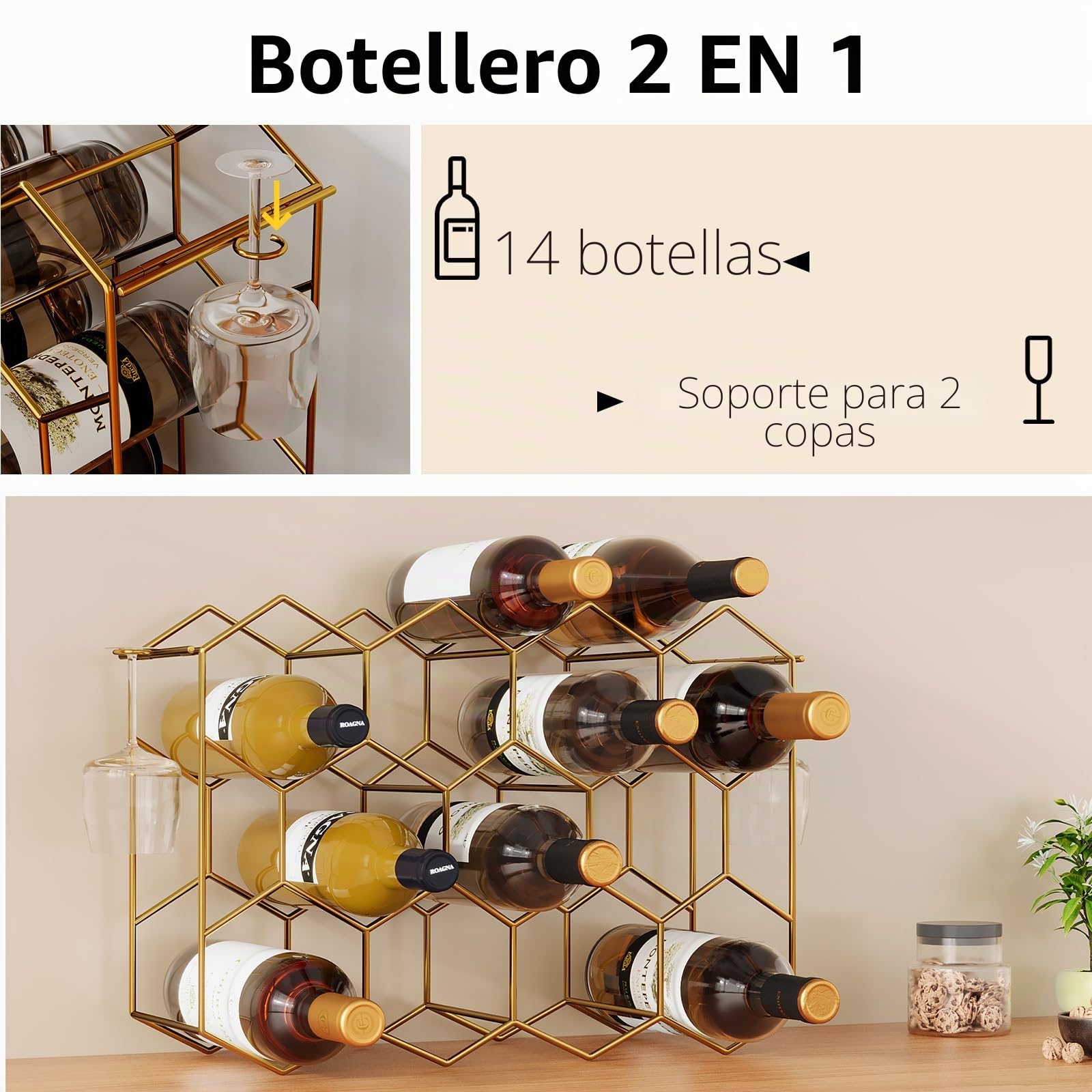 Urban Deco Estante de vino de encimera para 14 botellas, no requiere montaje, soporte moderno para botellas de vino para armario, cocina, bar, despensa, insertos de estante de vino de alambre dorado