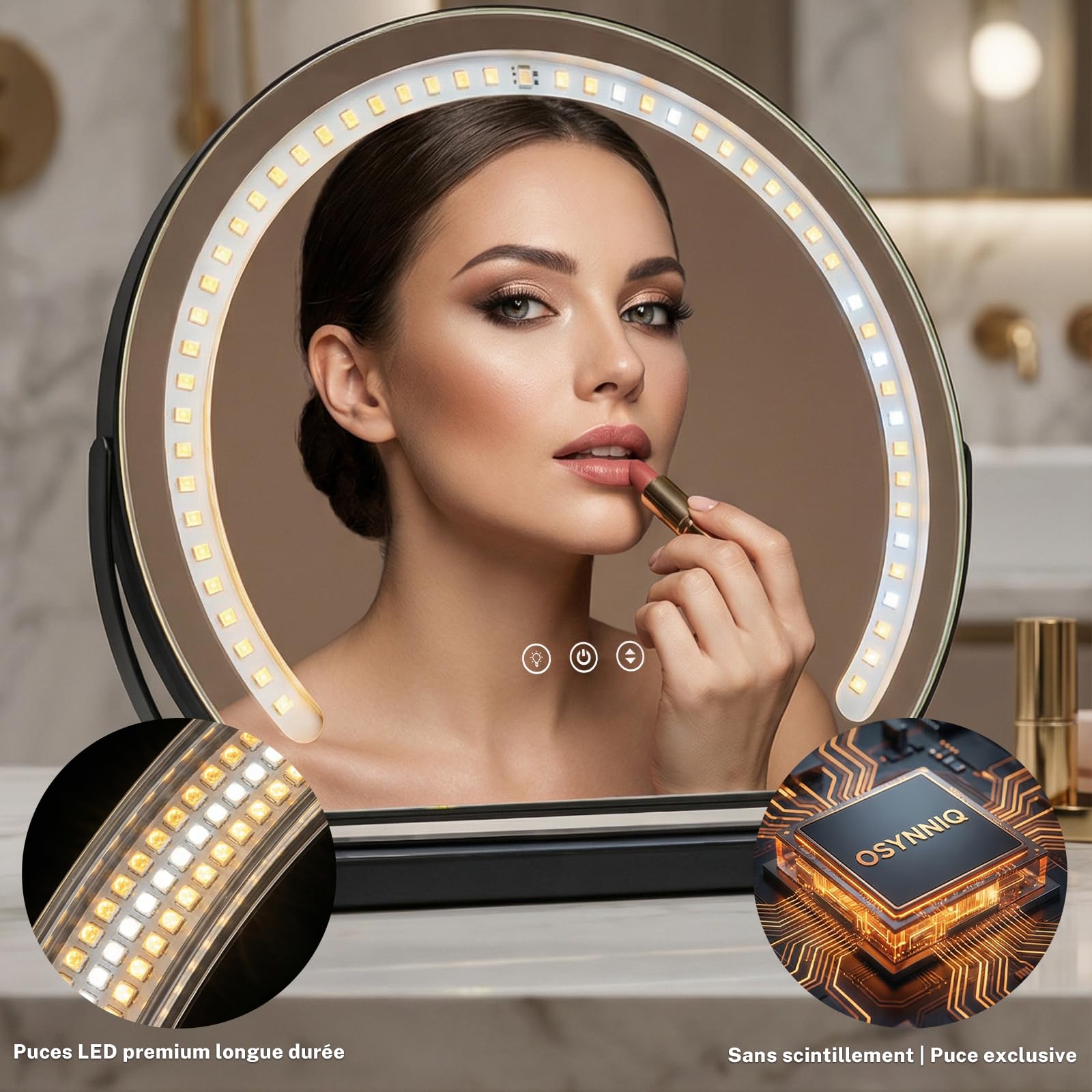 Miroir Maquillage Lumineux Rond 40cm, LED Miroir Coiffeuse cosmétique éclairé Coiffeuse, 3 températures de Couleur Touche Contrôle Tactile Luminosité Réglable Angle réglable, Plug & Play