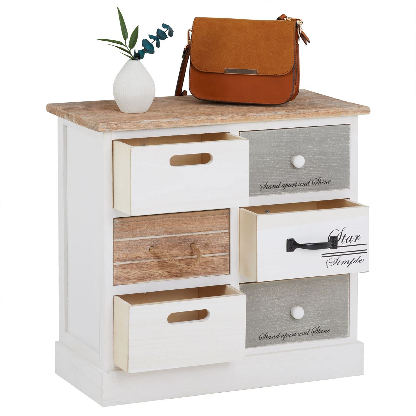CARO-Möbel Kommode Salva mit 6 Schubladen, Schubladenschrank Vintage. Aufbewahrungsregal in weiß, Shabby Chic