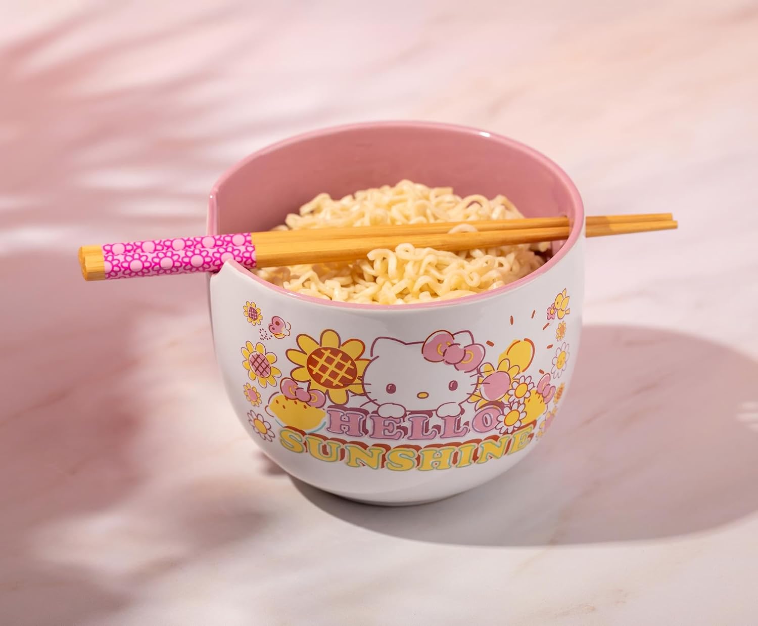 Silver Buffalo Sanrio Hello Kitty Hello Sunshine Ceramic Ramen Dinnerware Set | Includes 20-Ounce Noodle Bowl and Wooden Chopsticks