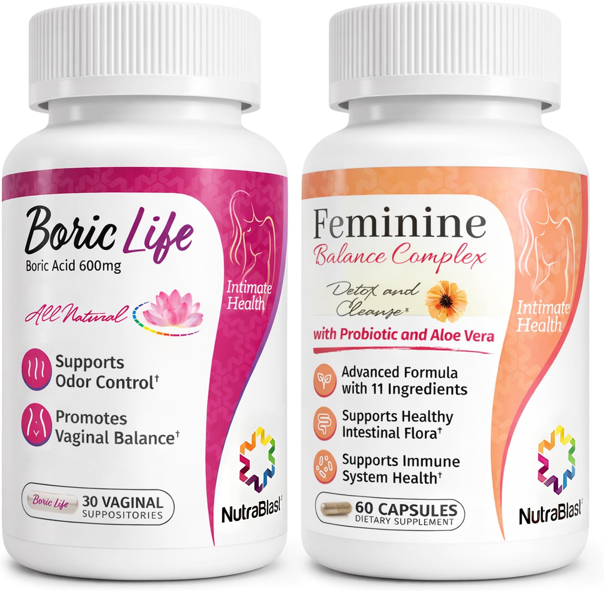 Boric Acid Suppositories 600mg (30 Count) Bundle with Feminine Balance Complex (60 Capsules) | Detox & Cleanse | Supports Healthy Intestinal Flora & Immune System