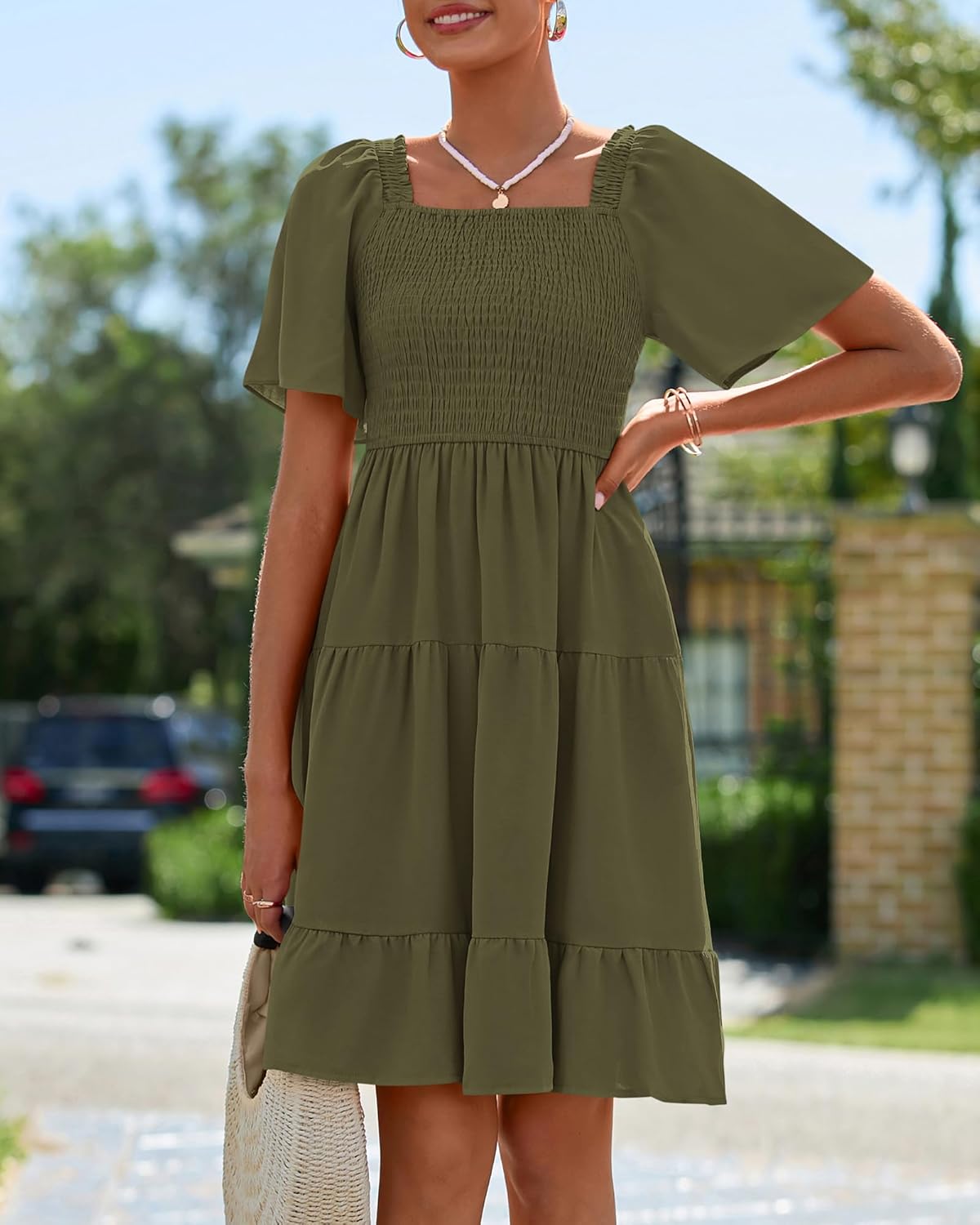 BTFBM Womens Summer Smocked Mini Dress Spring Square Neck Flutter Sleeve Casual Ruffle Swing Boho Beach Dresses Pockets - Image 8