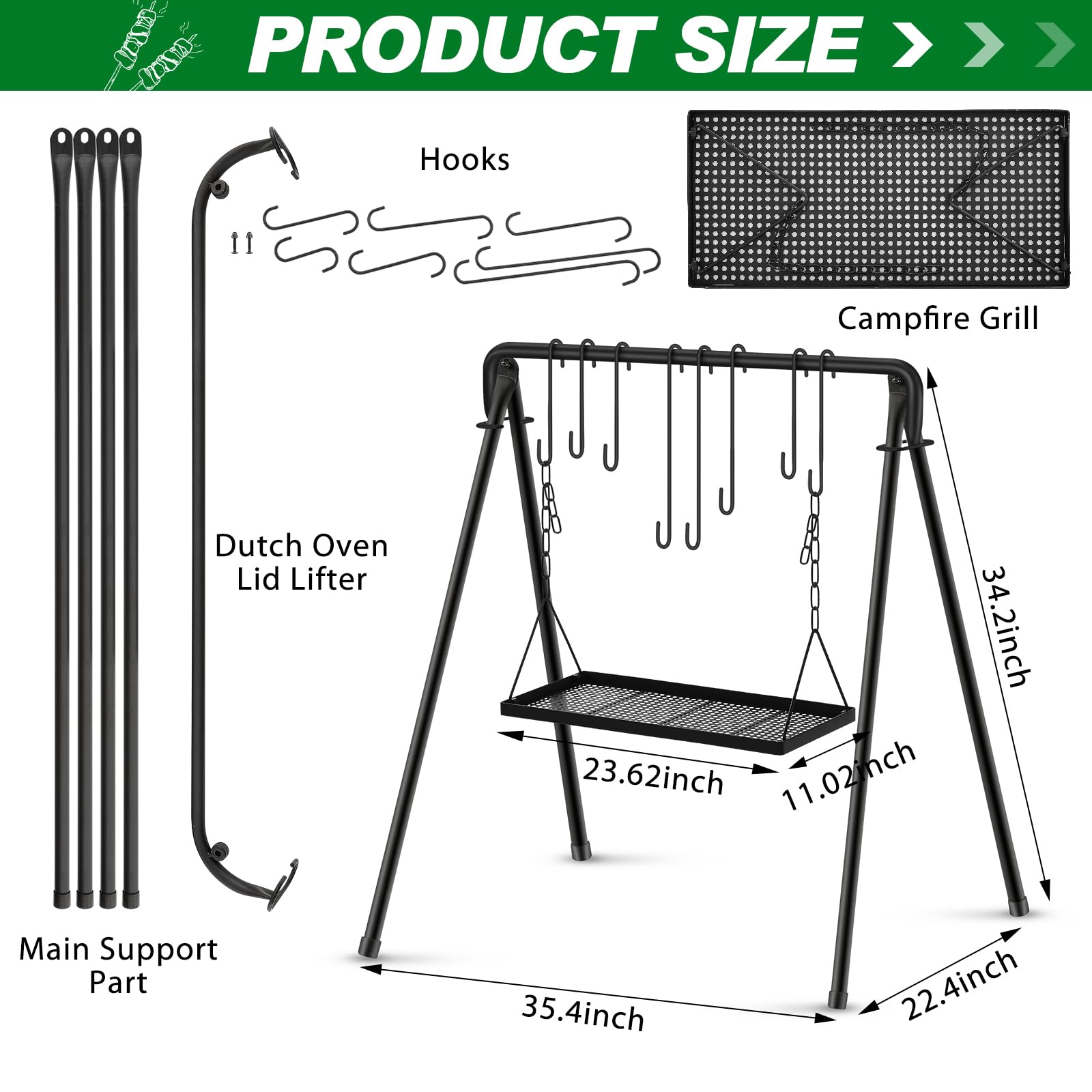 Rossesay Soporte de parrilla ajustable para fogata, soporte para colgar con 8 ganchos y accesorios, equipo de cocina para barbacoa, picnic, fiesta al aire libre (bandeja grande)