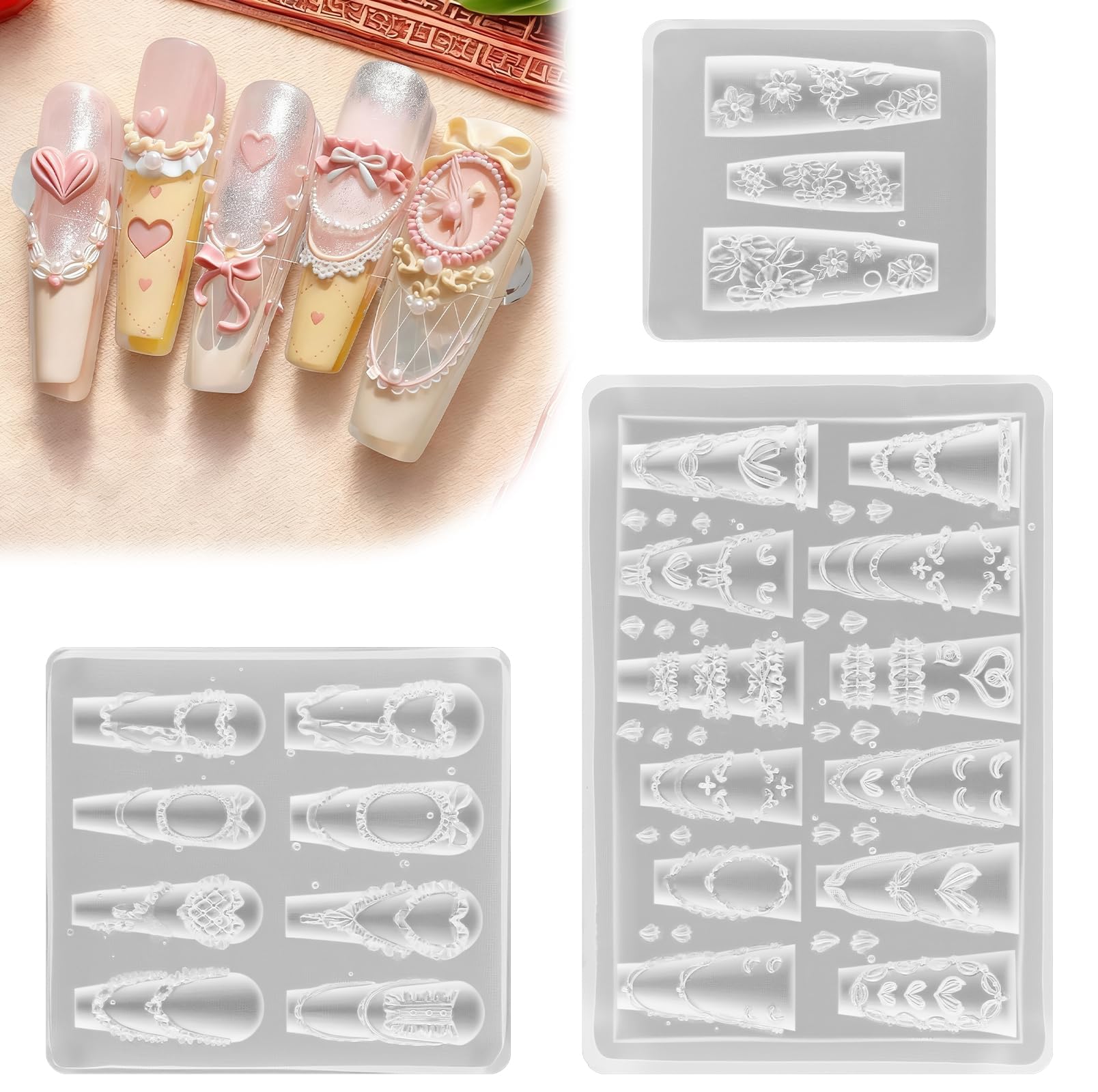 Silicone Nail Molds Tools 3pcs, Nail Art Charms Creation for DIY Nail Accessories, Professional Nail Art Tools with Multiple Designs, Ideal for Crafting and Salon Services