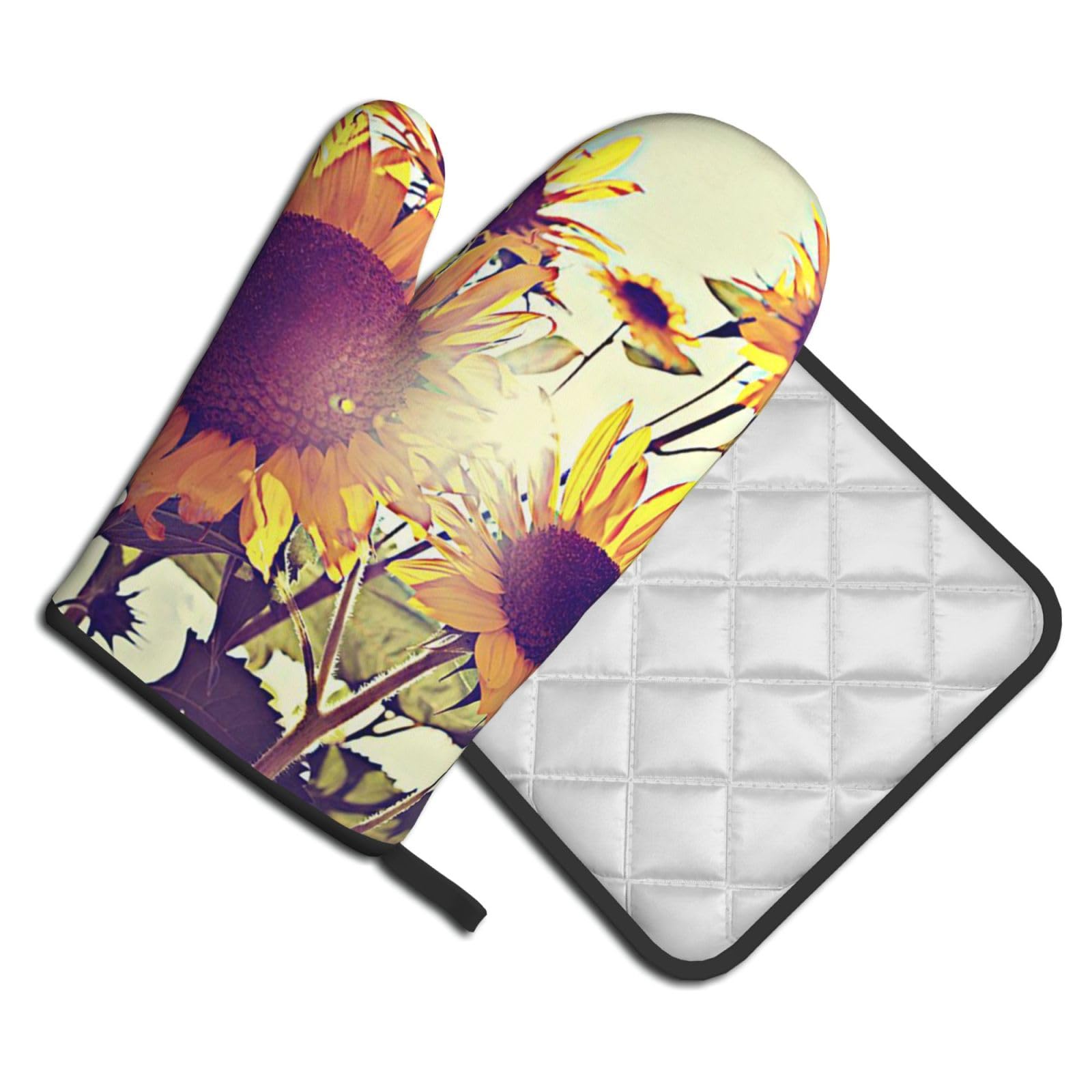 Oven Mitts and Pot Holders Set of 2 Pcs, Summer Sunflowers Printed Heat Resistant Kitchen Gloves Potholders for Cooking Baking Grilling