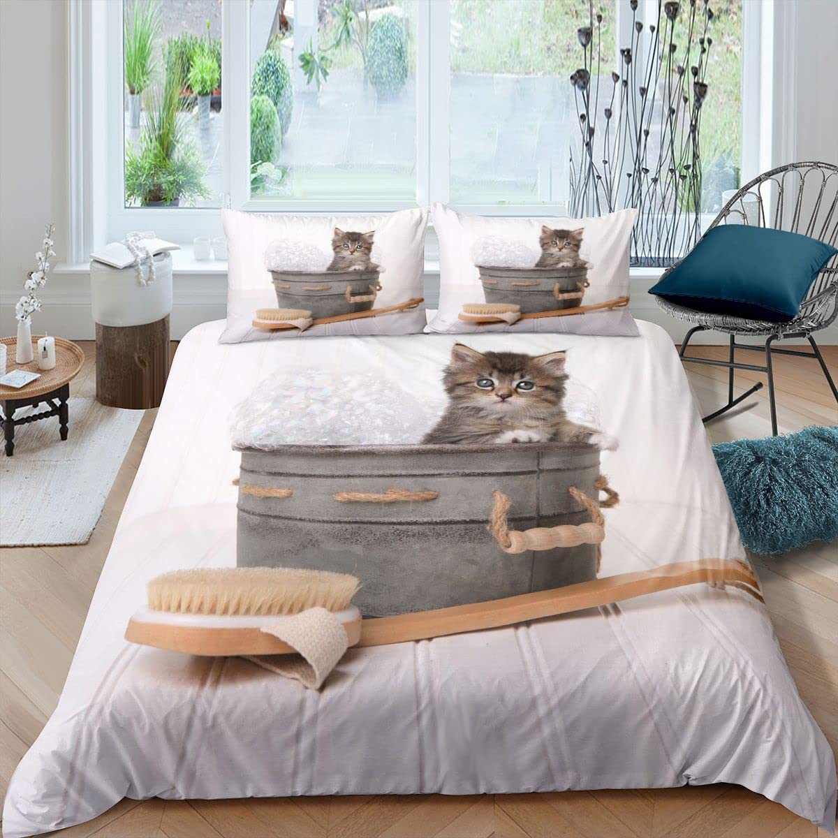 Cartoon Cat Bedding Set Bathing Cat Duvet Cover for Kids Boys Girls Cute Animal Comforter Cover Kawaii Bedspread Cover King Size Boys
