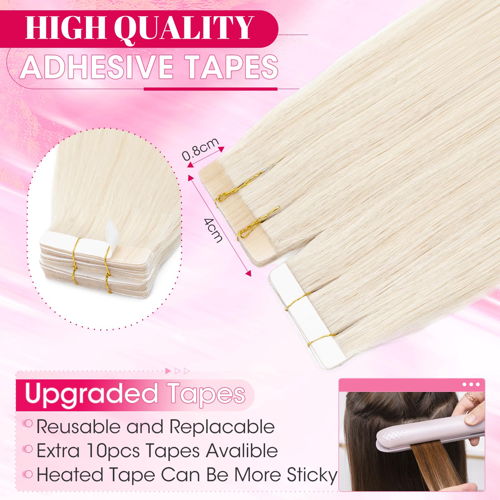 MY-LADY Extensiones Adhesivas Pelo Natural 20pcs 30 cm 30g Blanquecino Blanco Extensiones de Cabello Humano Tape de Pelo Remy Invisible (#70)