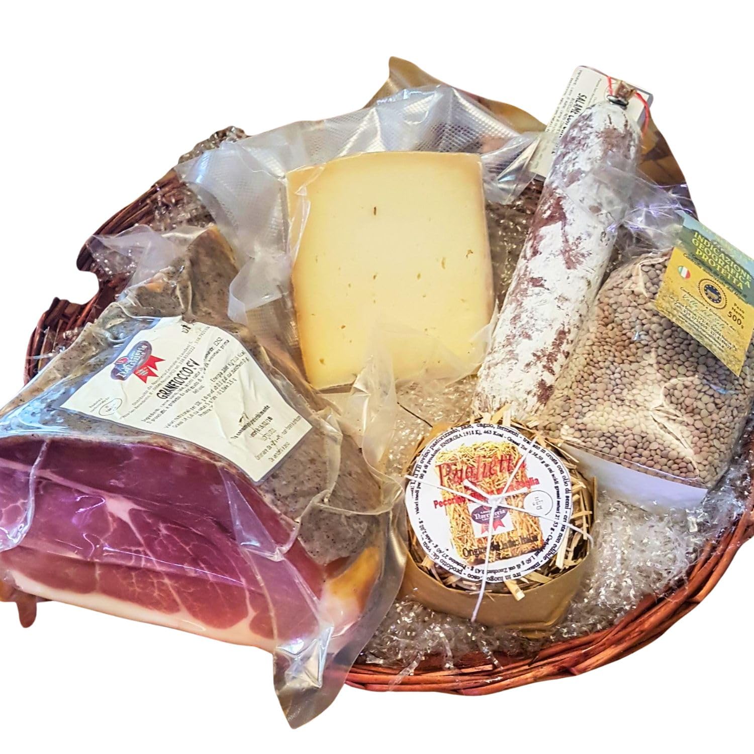 Cesto regalo alimentari con Prosciutto, prosciutto crudo confezione regalo, Idee regalo cibo, Cesti regalo originali, Pecorino Stagionato, Salame di Cinghiale e Lenticchie | Confezione Regalo